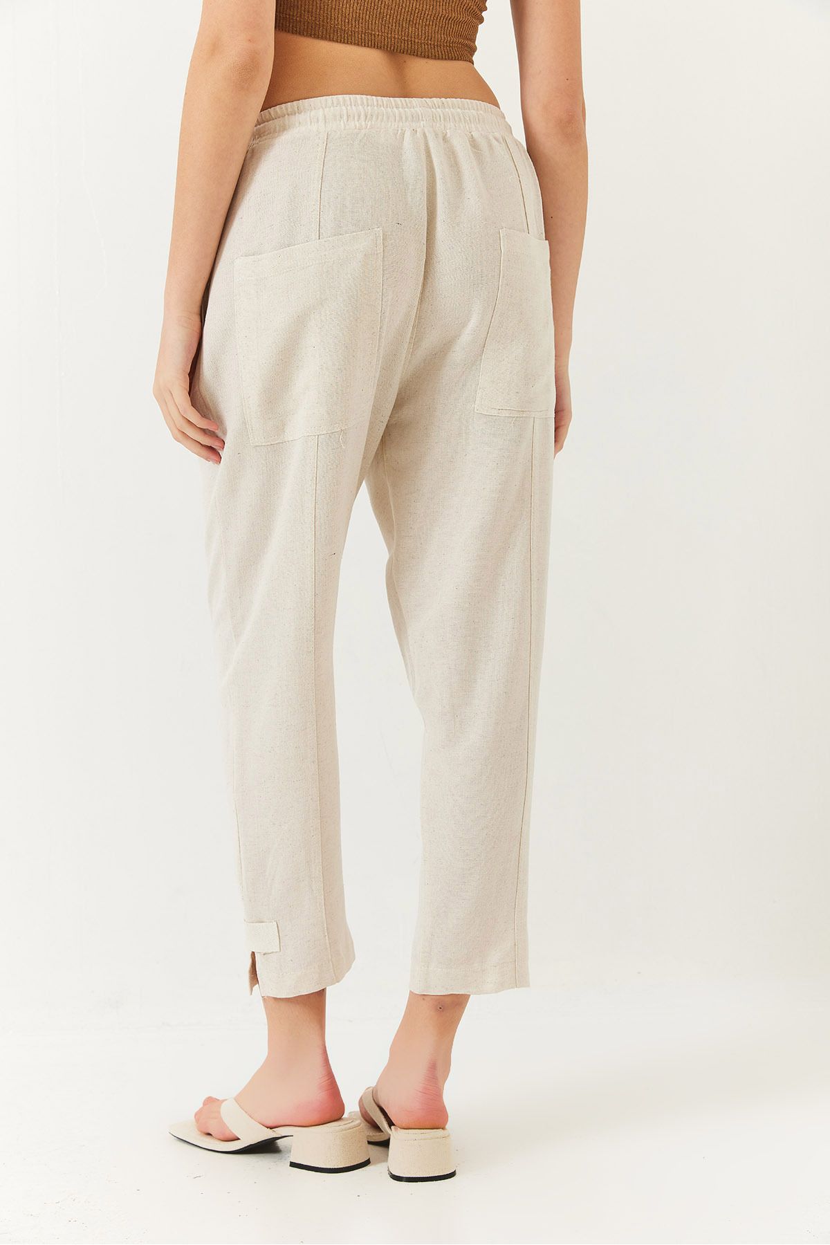 Bianco Lucci-Women's Linen Elastic Waist Tie-Up Trousers with Detailed Pockets and Carrot Cut 60261419 6