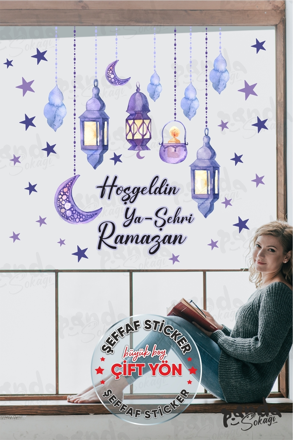 PANDA SOKAĞI Çift Yön Hoşgeldin Ramazan Soft Mor Temalı Fener Sarkıt Cam Duvar Dekorasyon Sticker Seti fotoğrafı 5 (önizleme)