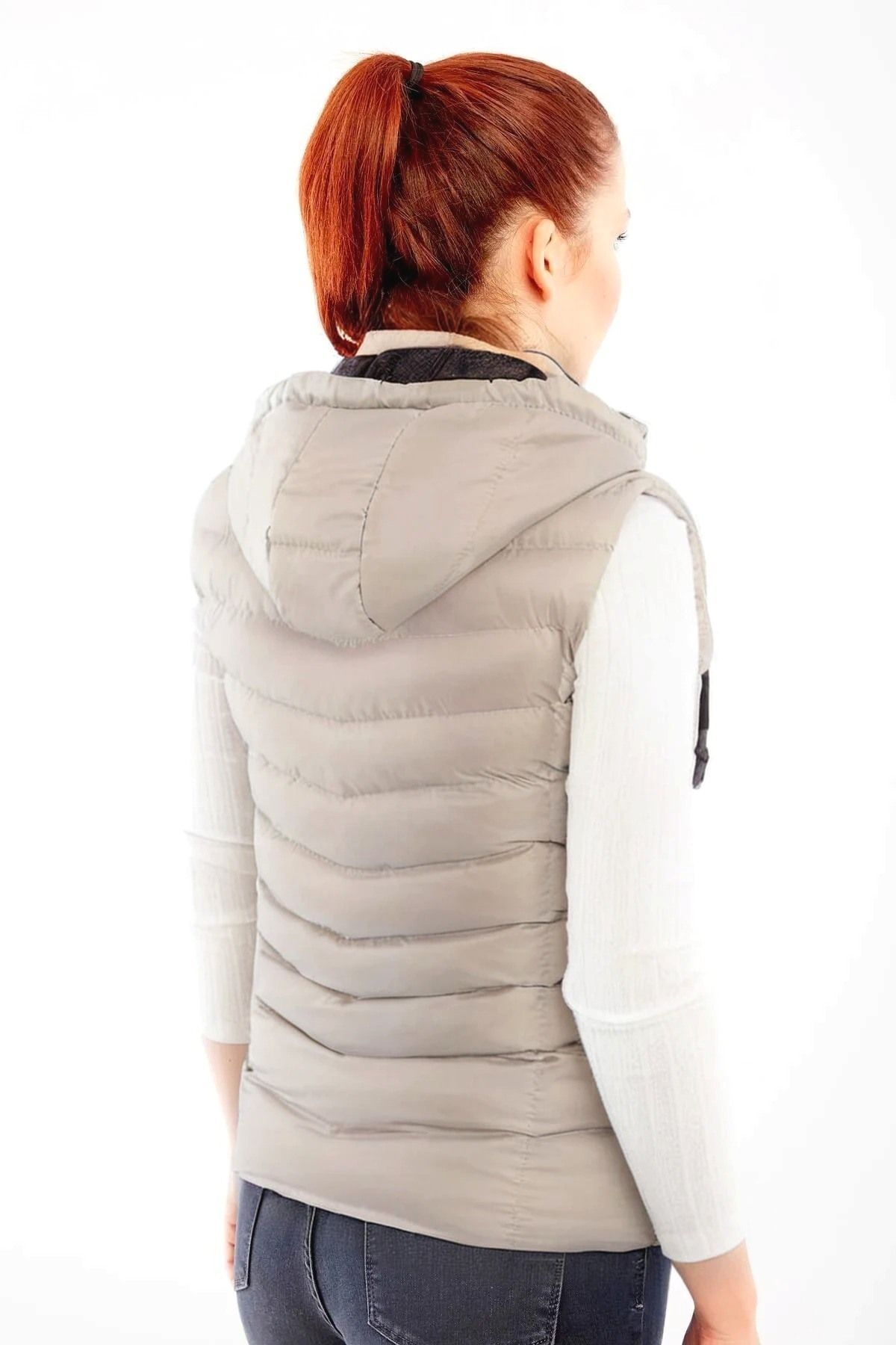 DYNAMO-Women's Ecru Hooded Puffer Vest Fleece Inside Hood 5