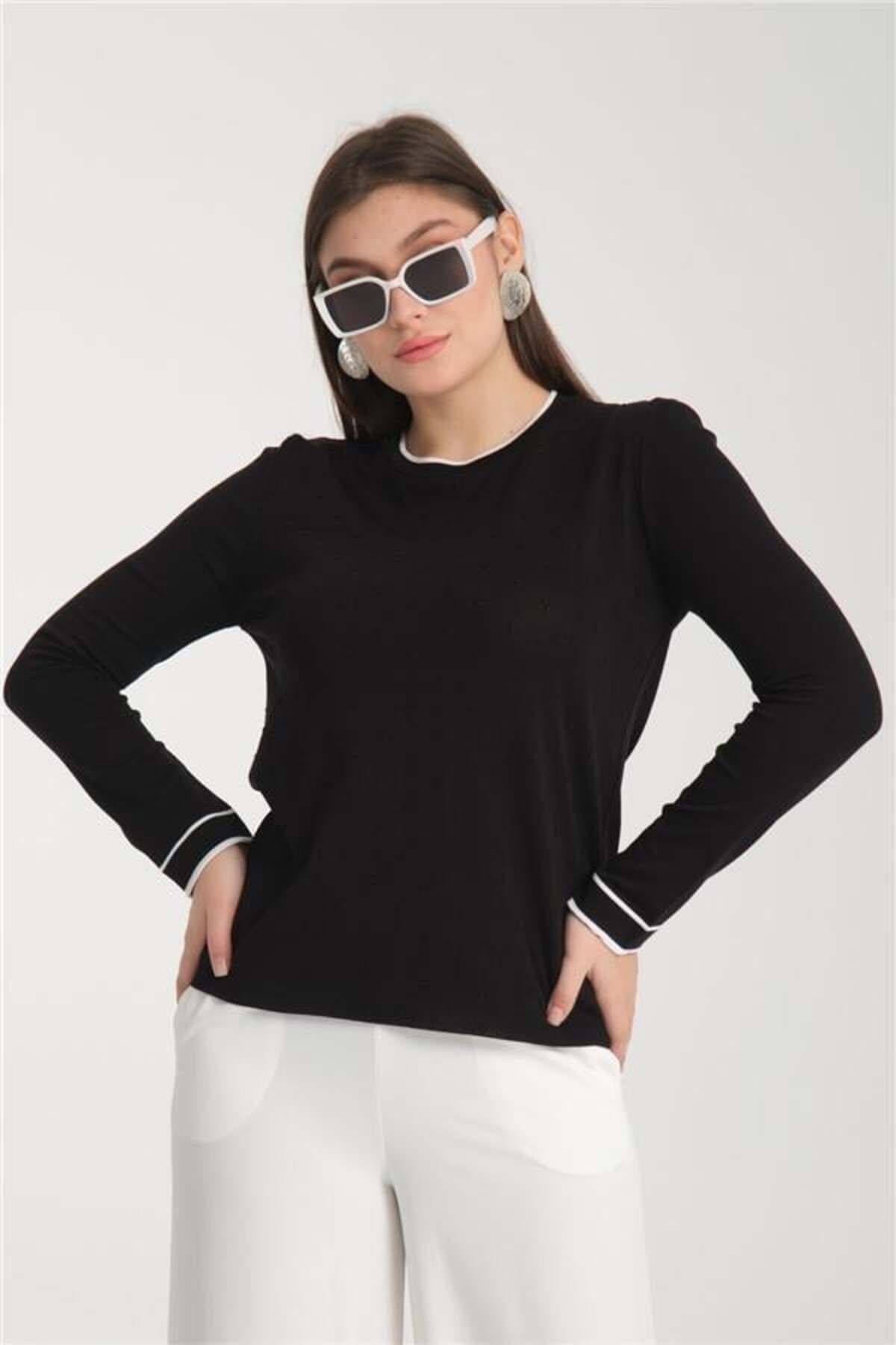 Moda Days-Thin Fabric Women's Black Garnished Crew Neck Knit Blouse 5