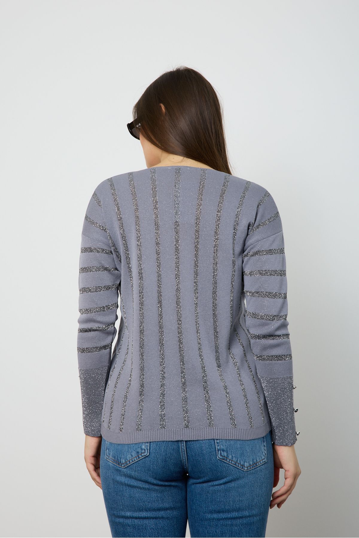 BERNE-Women's Gray Glitter V-Neck Sweater 7