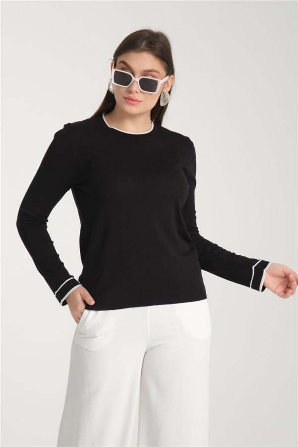 Moda Days-Thin Fabric Women's Black Garnished Crew Neck Knit Blouse 2