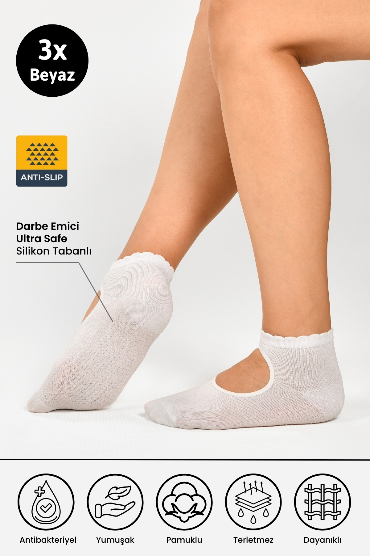 Dore Orijinal Kadın 3 Çift Kaymaz Pilates Ve Yoga Kaydırmaz Tabanlı Plates Bale Dans Çorabı - 3 X Beyaz