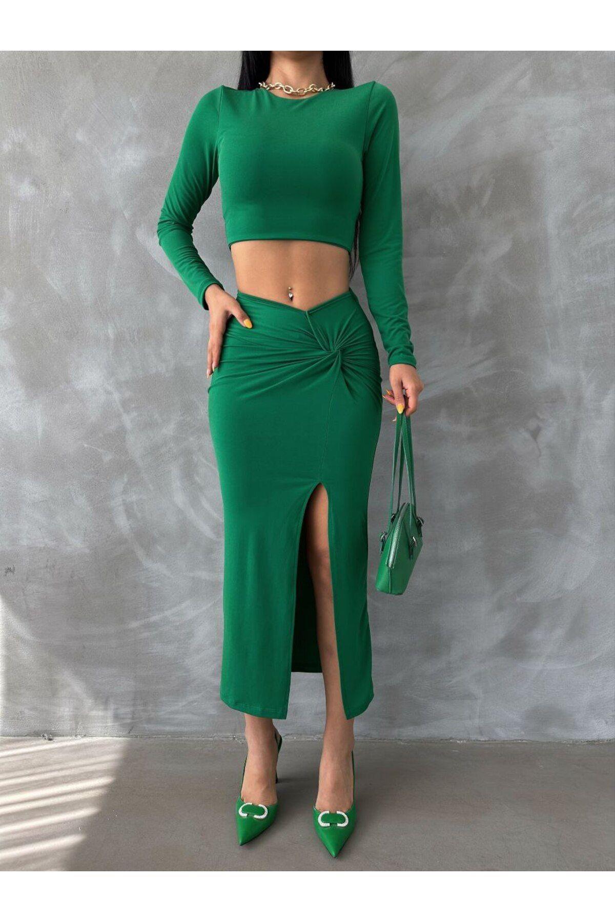 Blouse-Skirt Sandy Suit Midi Slit Tie Detailed Skirt