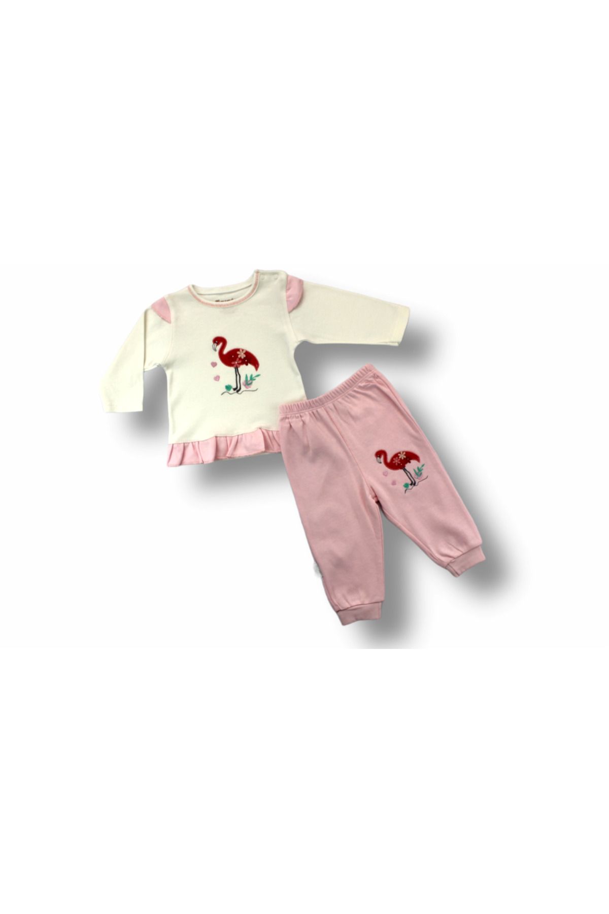 Fashi10 3-6 6-9 9-12 Ay Flamingo Nakışlı Uzun Kollu Sweatli 2li Kız Bebek Takımı Ekru