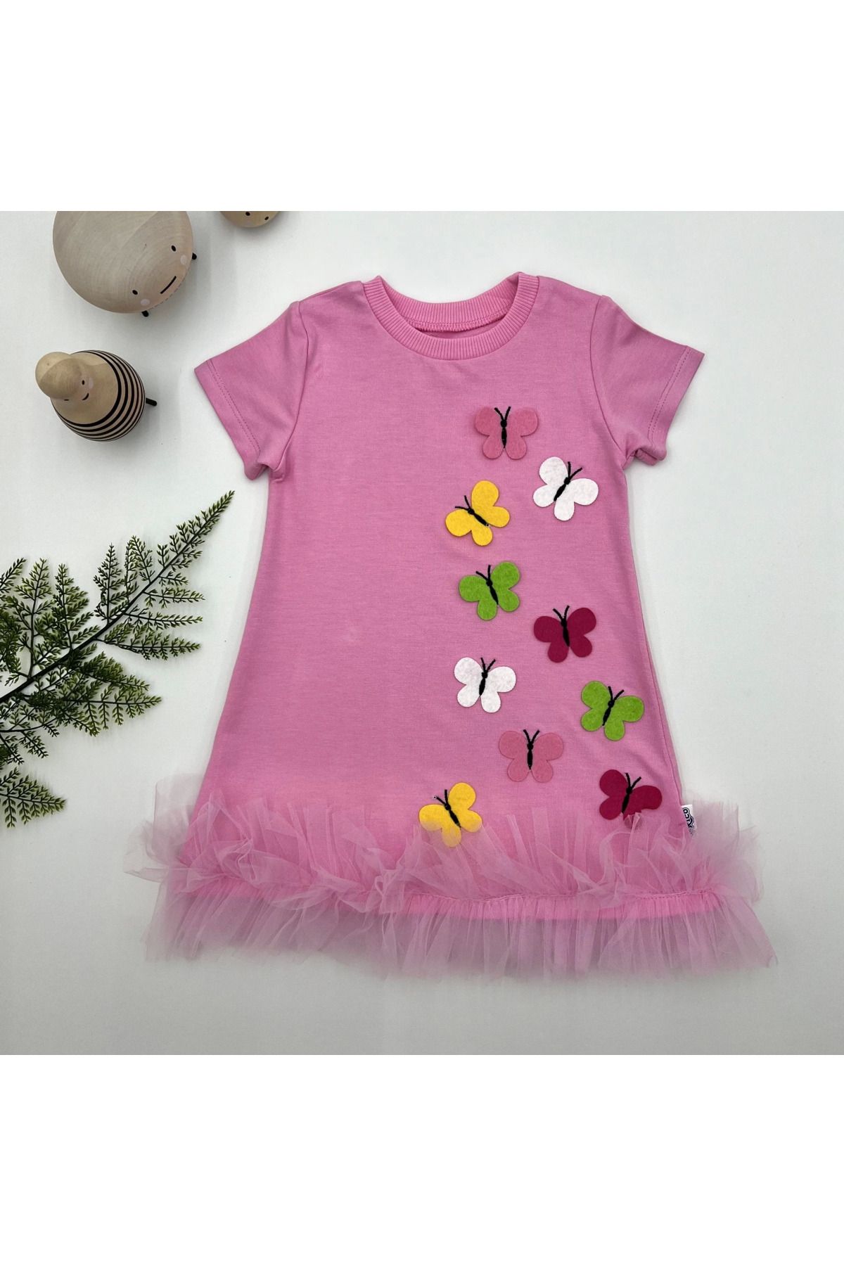 velmorafashion 1-2-3 Yaş Renkli Kelebekler Nakışlı Eteği Fırfırlı Jile Çocuk Elbisesi Pembe