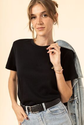 Leirose %100 Pamuk Kadın Bisiklet Yaka Kısa Kollu Basic Tişört - Siyah