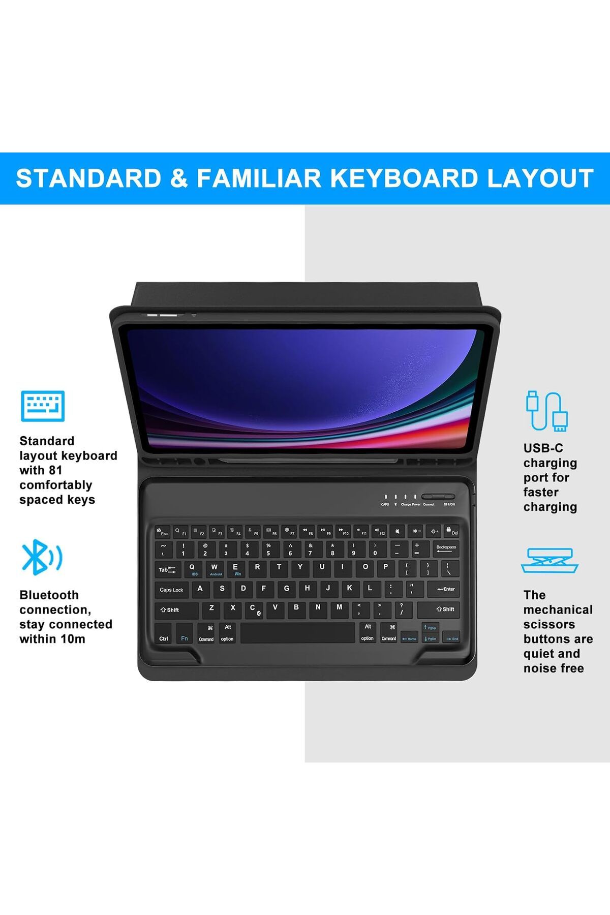 AWH-Keyboard Case for Galaxy Tab S9 FE + 5G, 12.4", Bluetooth Keyboard, Smart Folio, Black 6