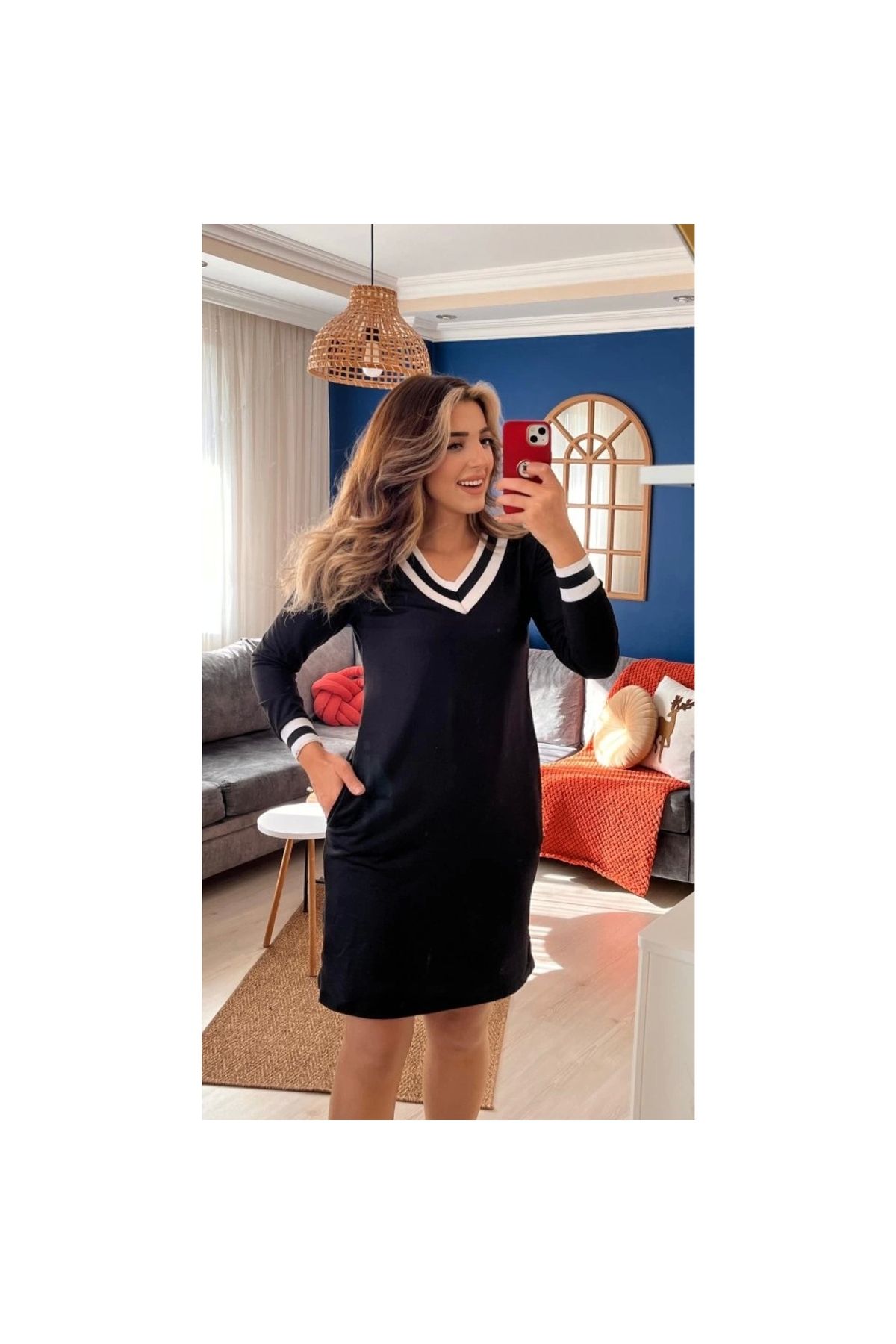 Narnuga Kadın Uzun Kollu V Yaka şeritli Iki Iplik Salaş Elbise