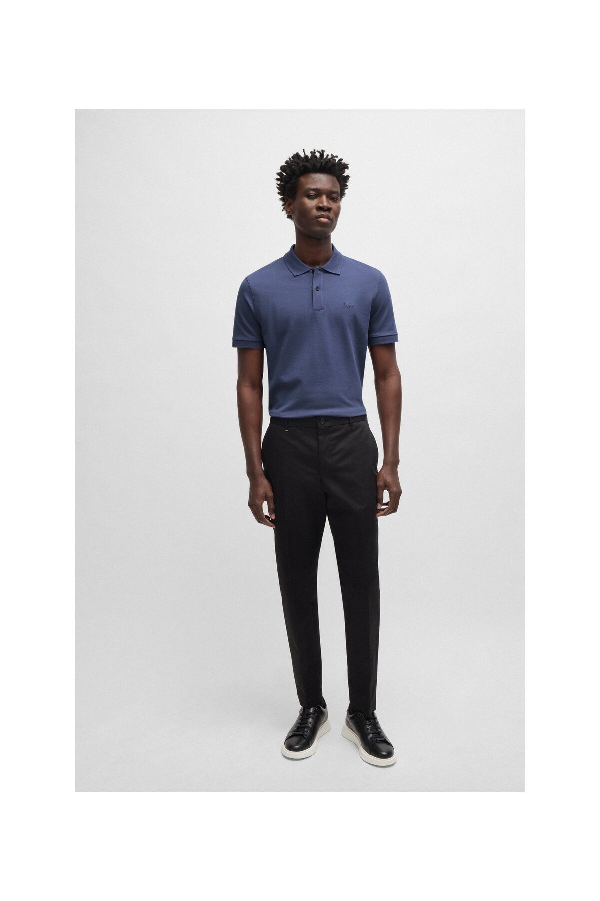 تی شرت یقه پولو آبی مردانه دکمه پنبه ، آستین کوتاه Navy Blue Collar 412 BOSS