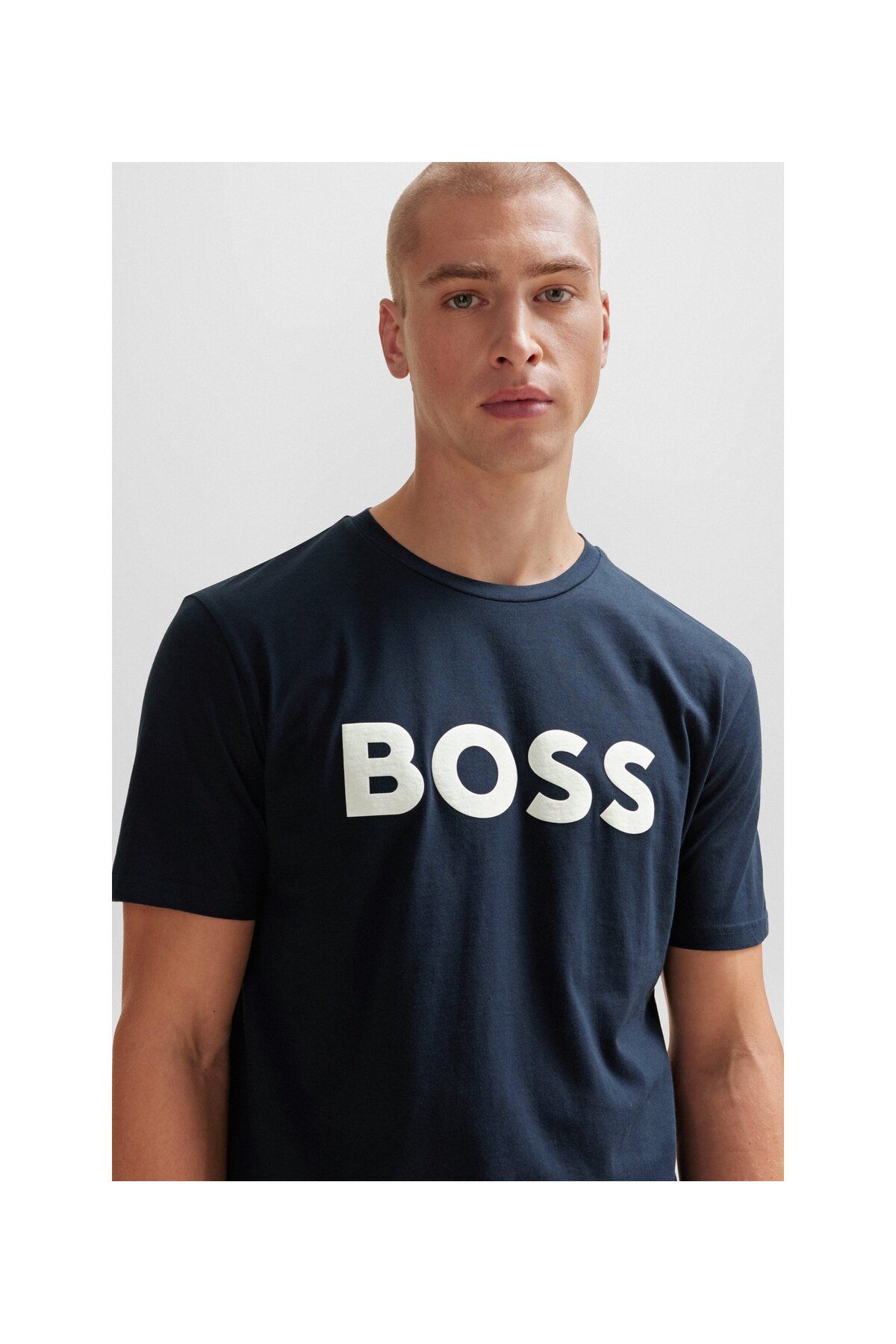 تی شرت آبی مردانه آرم لاستیکی طرح دار پنبه ای T Shirt BOSS
