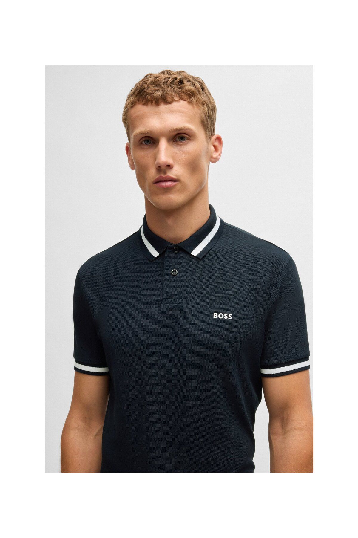 تی شرت یقه پولو آبی مردانه پنبه ، کنتراست مفصل چوگان yaka t shirt BOSS