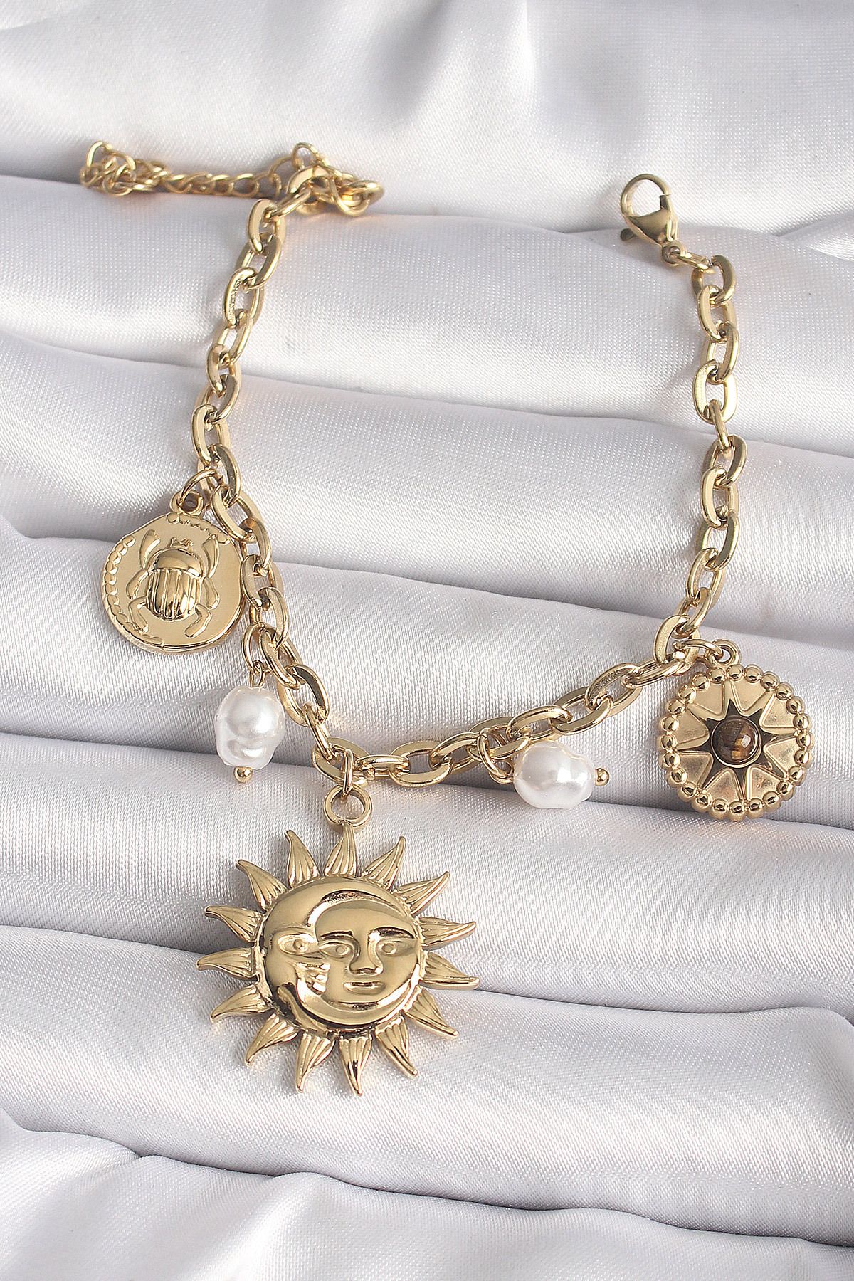 MMB Boutique 316L Çelik Gold Renk Ay Güneş Model İnci Detay Kadın Bileklik