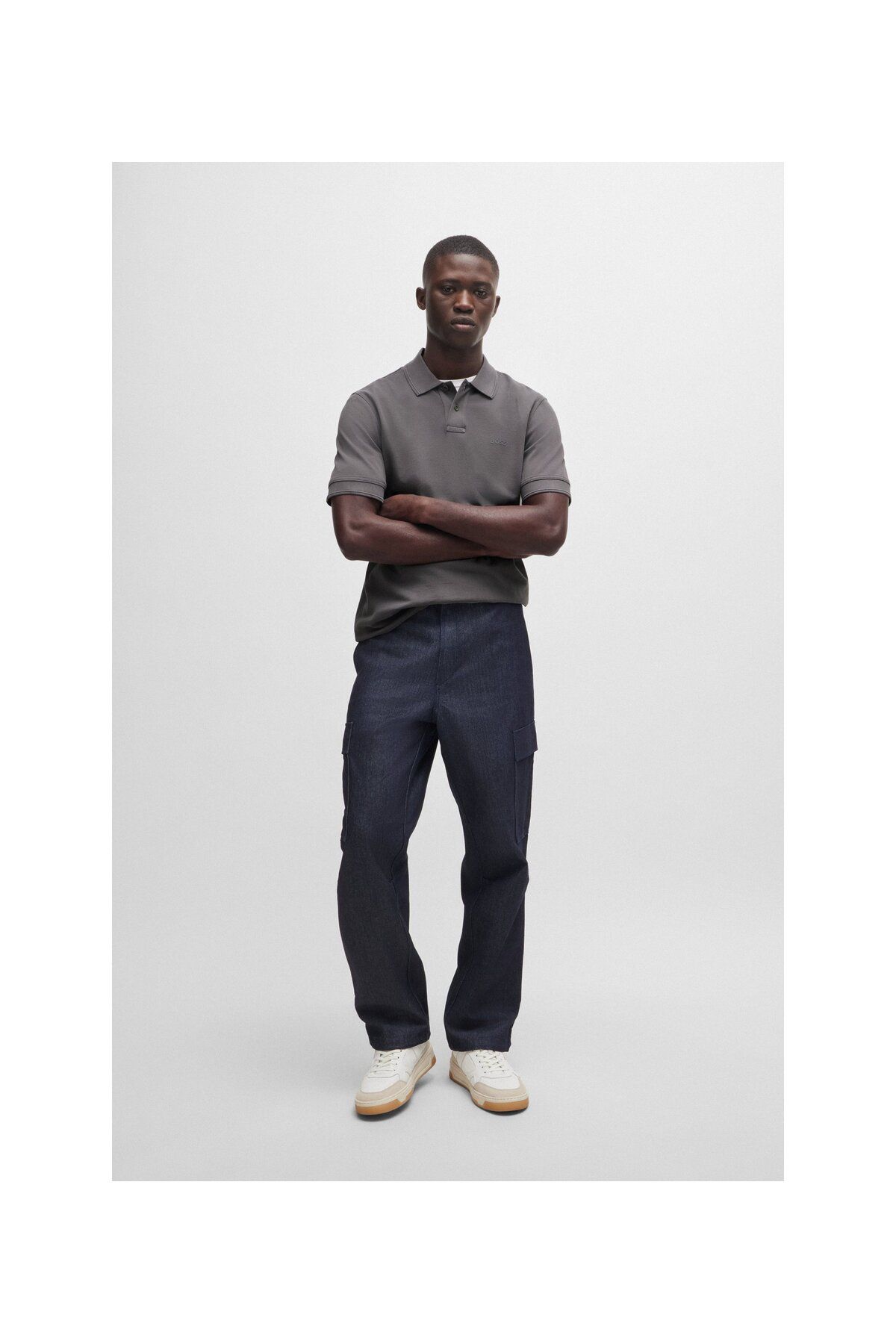 تی شرت یقه پولو خاکستری مردانه آرم طرح دار پنبه Pike Polo Yaka t shirt BOSS
