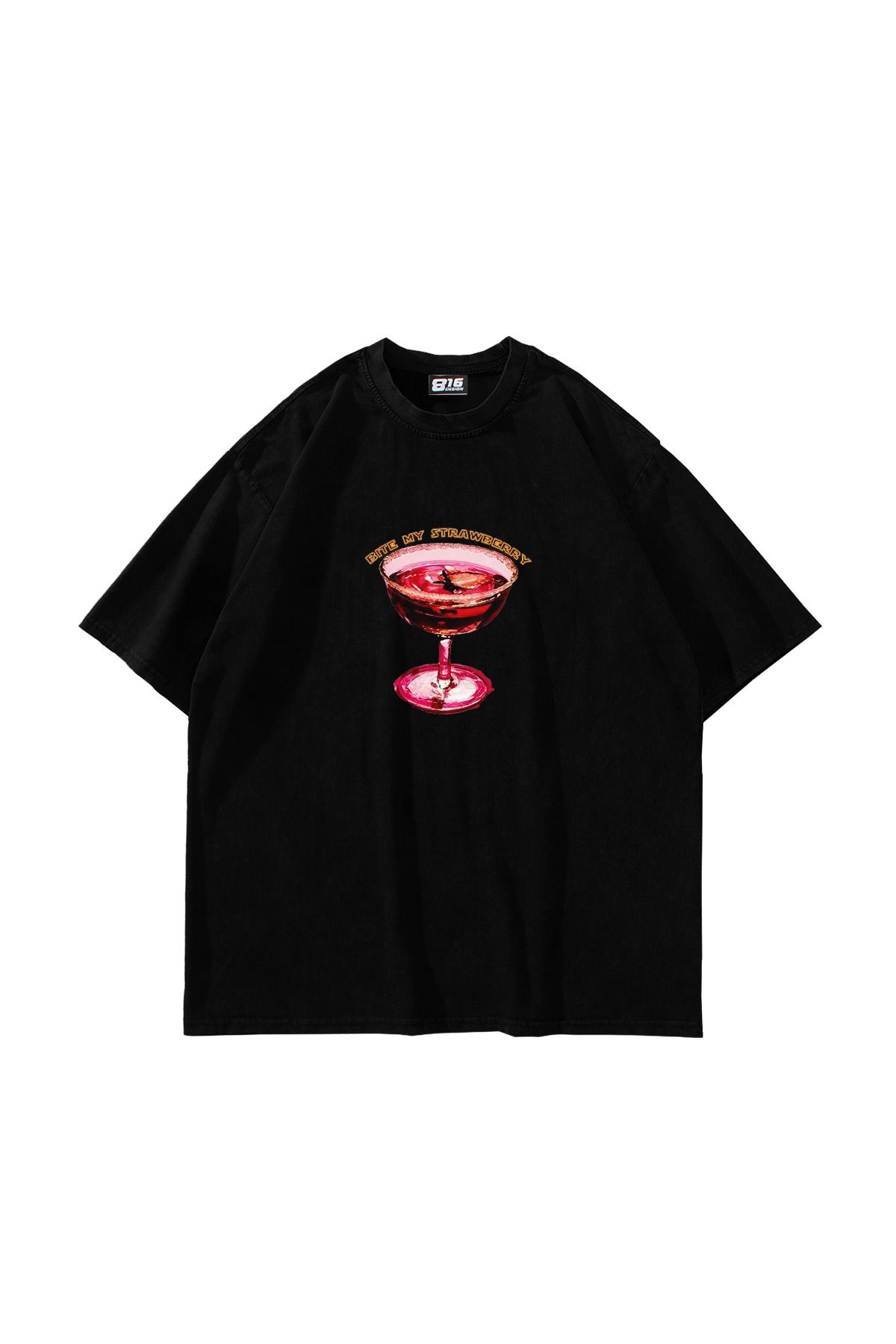 Sekizbiraltı-Tricou negru oversize unisex - Imprimat Bite My Strawberry 1