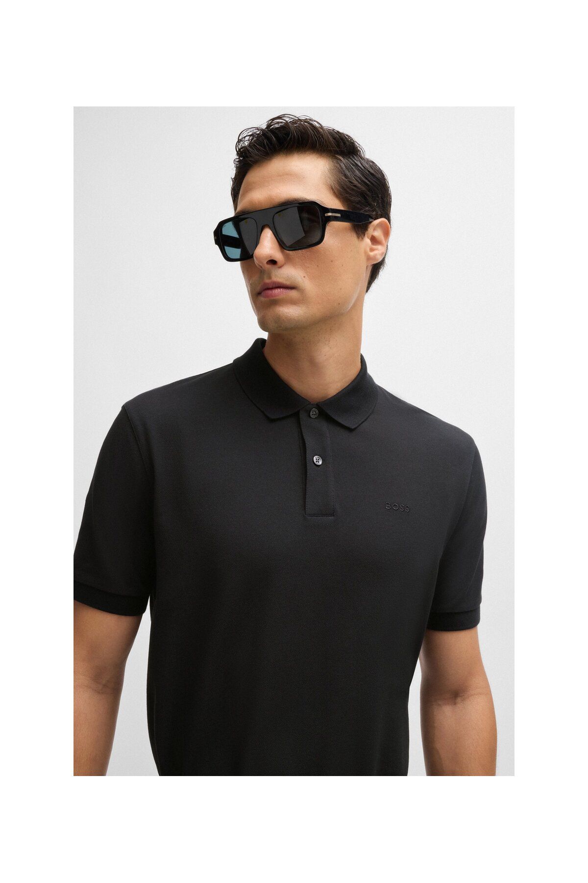 تی شرت یقه پولو مشکی مردانه آرم پنبه ارگانیک گل دوزی شده چوگان yaka t shirt BOSS