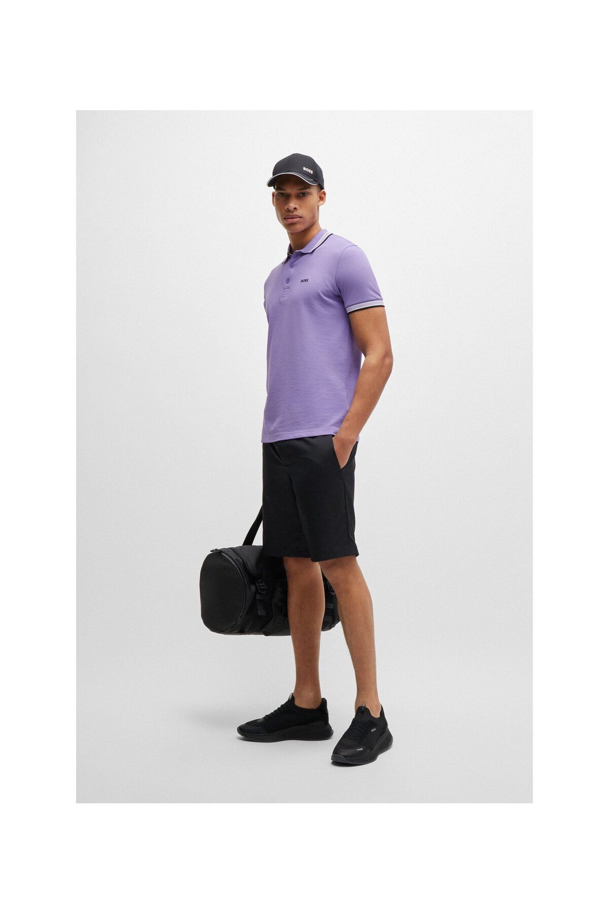 تی شرت یقه پولو بنفش مردانه لوگوی رنگ کنتراست پنبه چوگان yaka t shirt BOSS