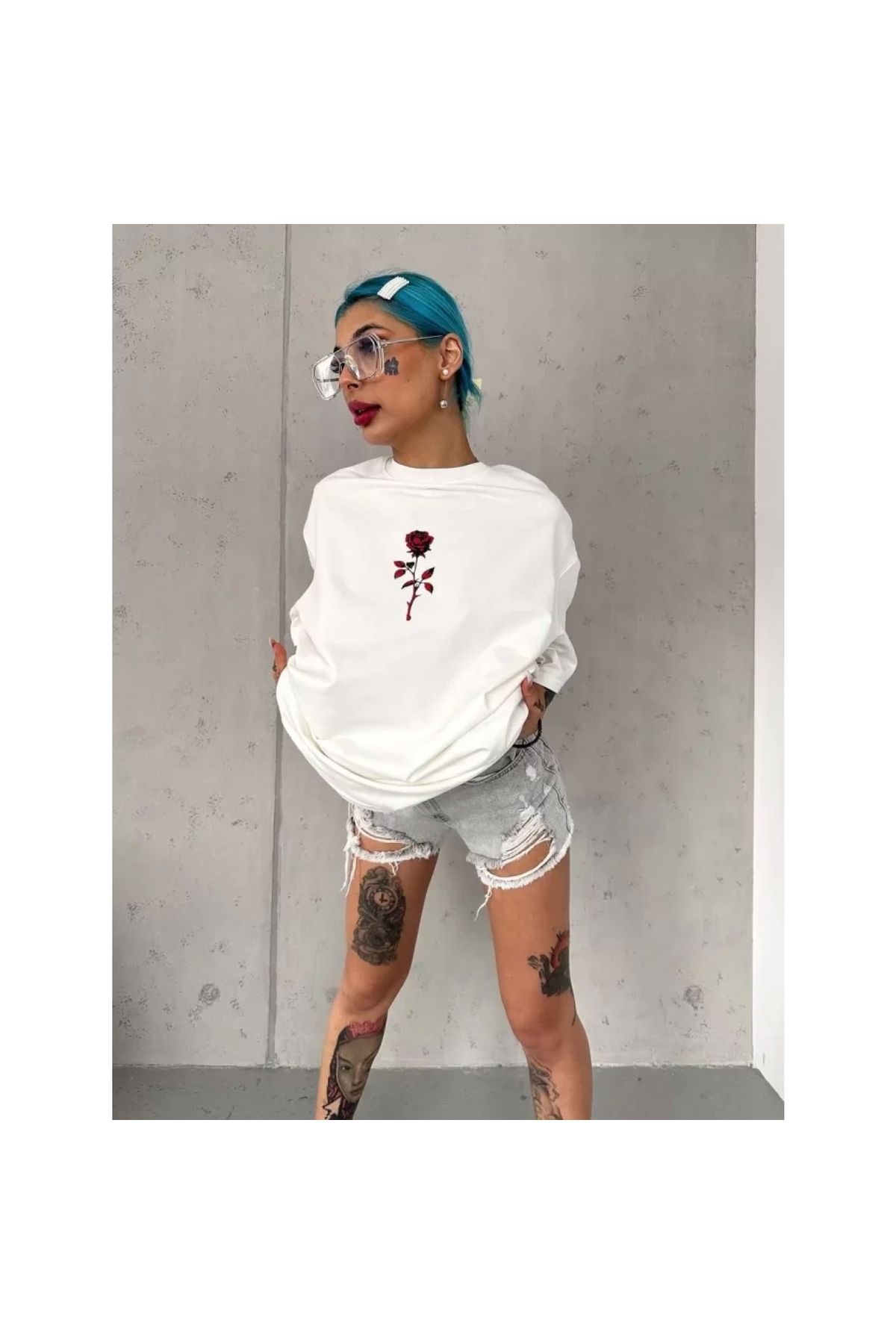 Narnuga Unisex Bisiklet Yaka Baskılı Oversize TShirt