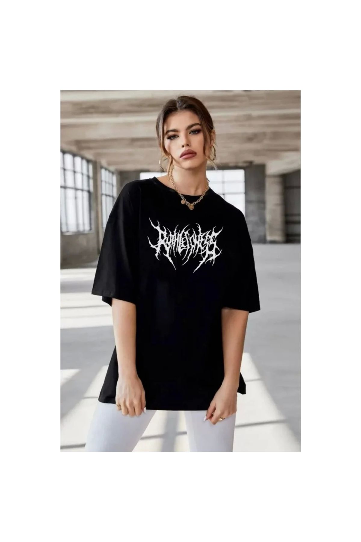 Narnuga Unisex Bisiklet Yaka Baskılı Oversize TShirt