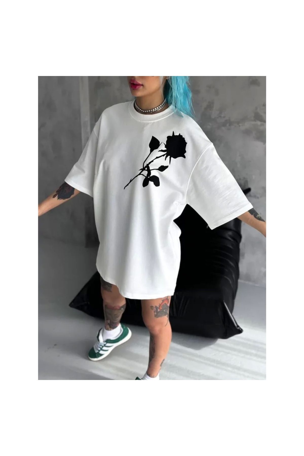 Narnuga Unisex Bisiklet Yaka Baskılı Oversize TShirt