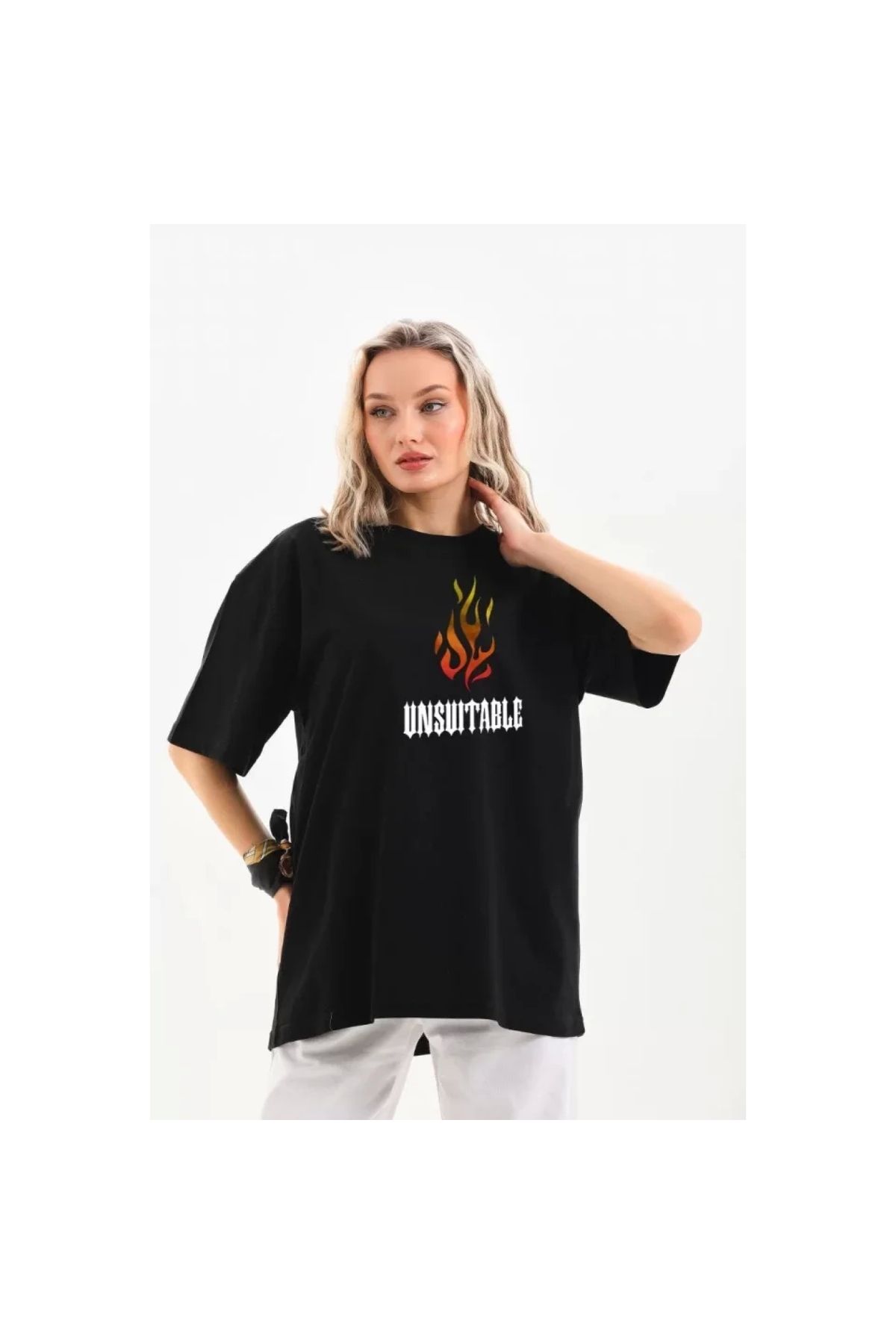 Narnuga Unisex Bisiklet Yaka Baskılı Oversize TShirt