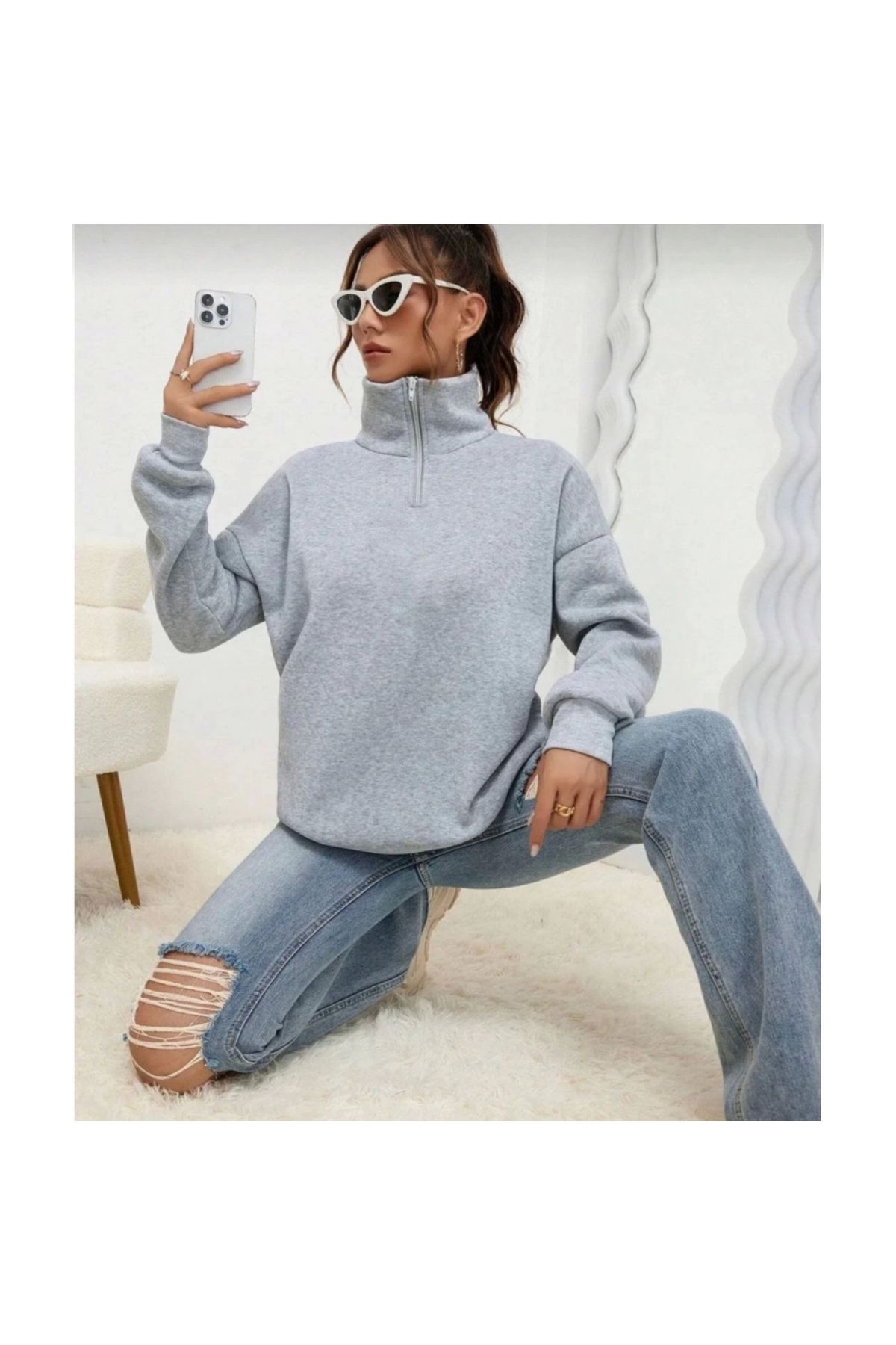 Narnuga Unisex Uzun Kol Yarım Farmuarlı Yakalı Basic SweatShirt