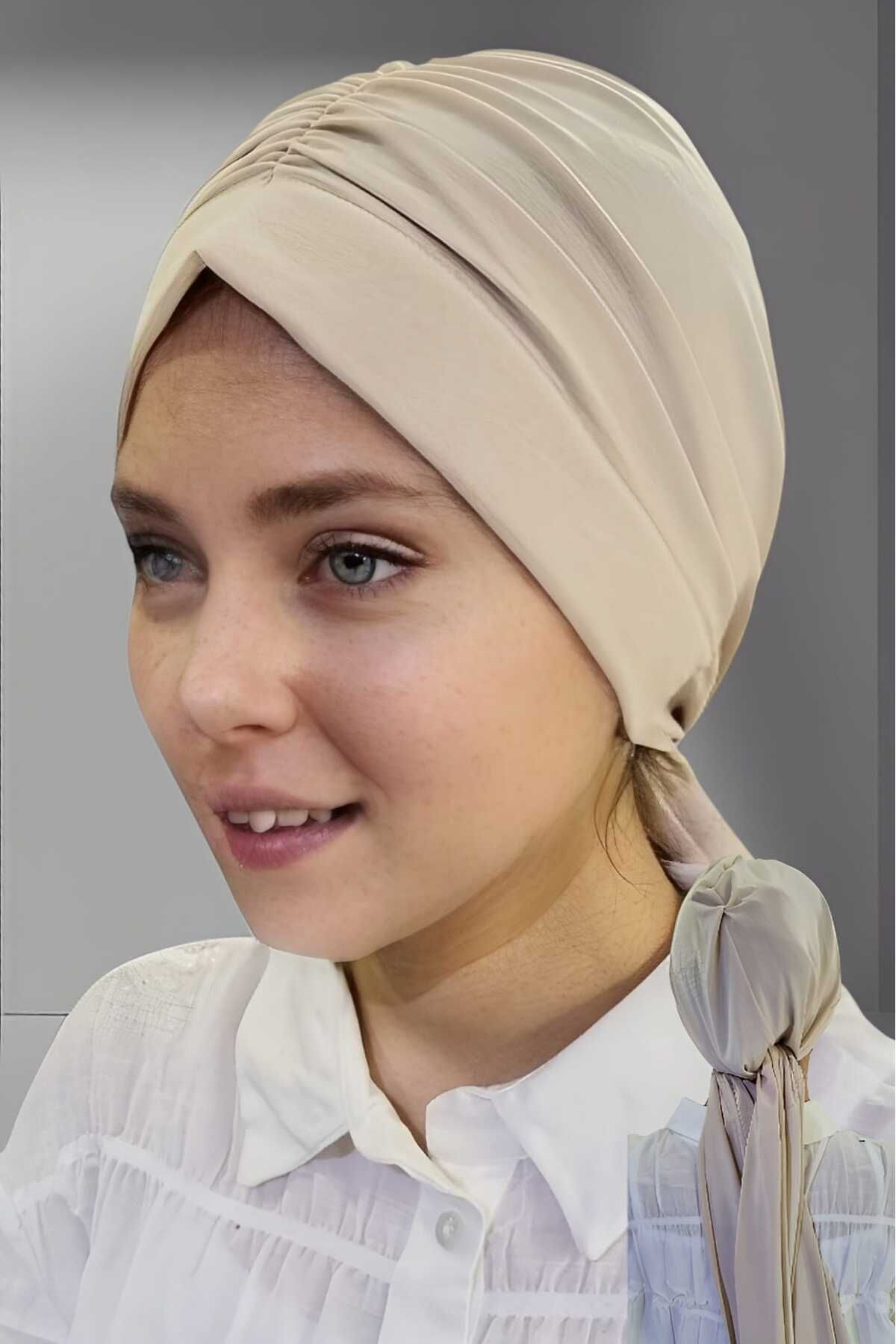 Trenderrs-Women's Luxury Sandy Fabric Tied Pleated Hijab Bonnet Shawl 2