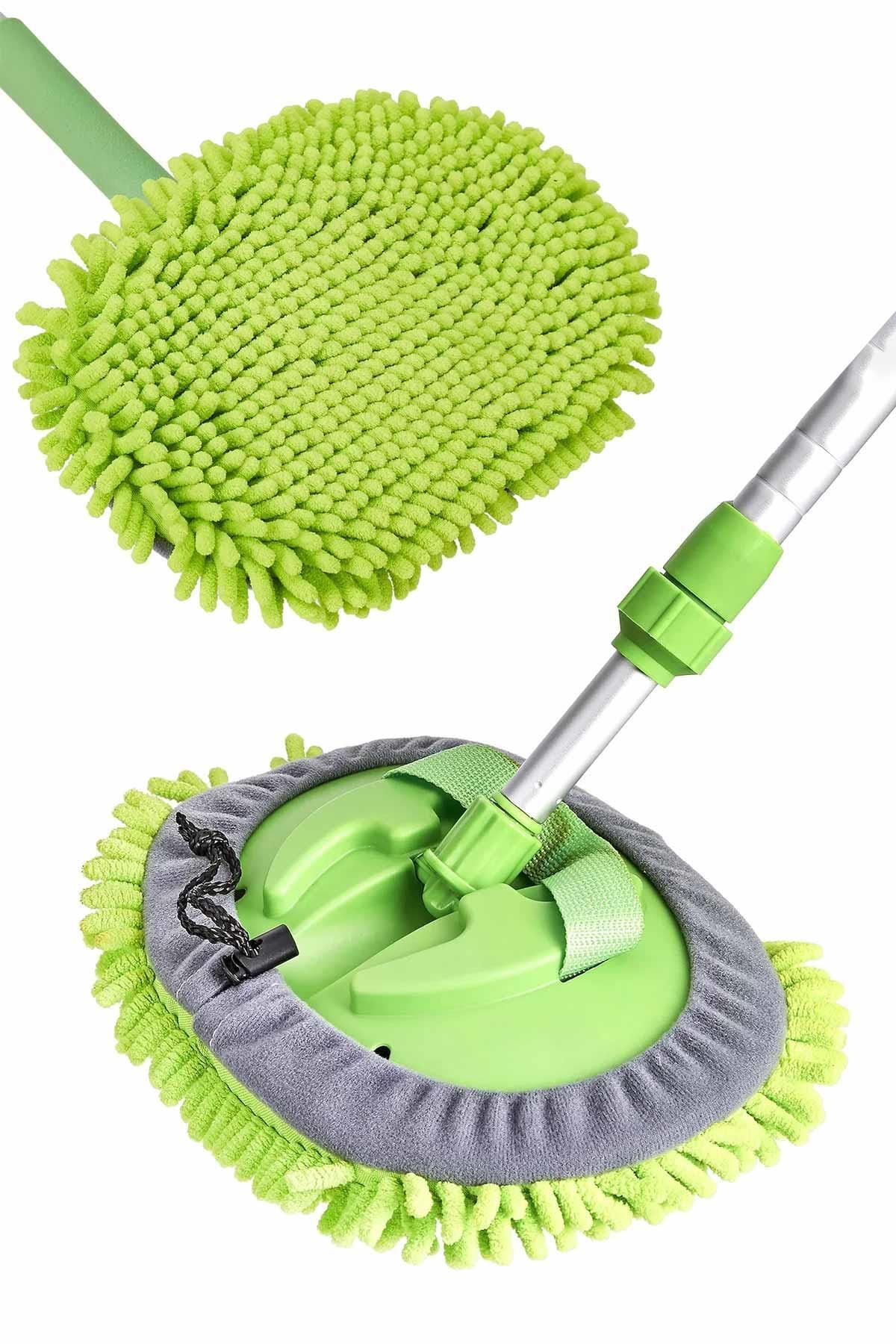 Mikrofiber Çok Fonksiyonlu Teleskopik Sopalı Oto Araba Yıkama Temizleme Fırçası Mopu, 2 Adet Mop Baş