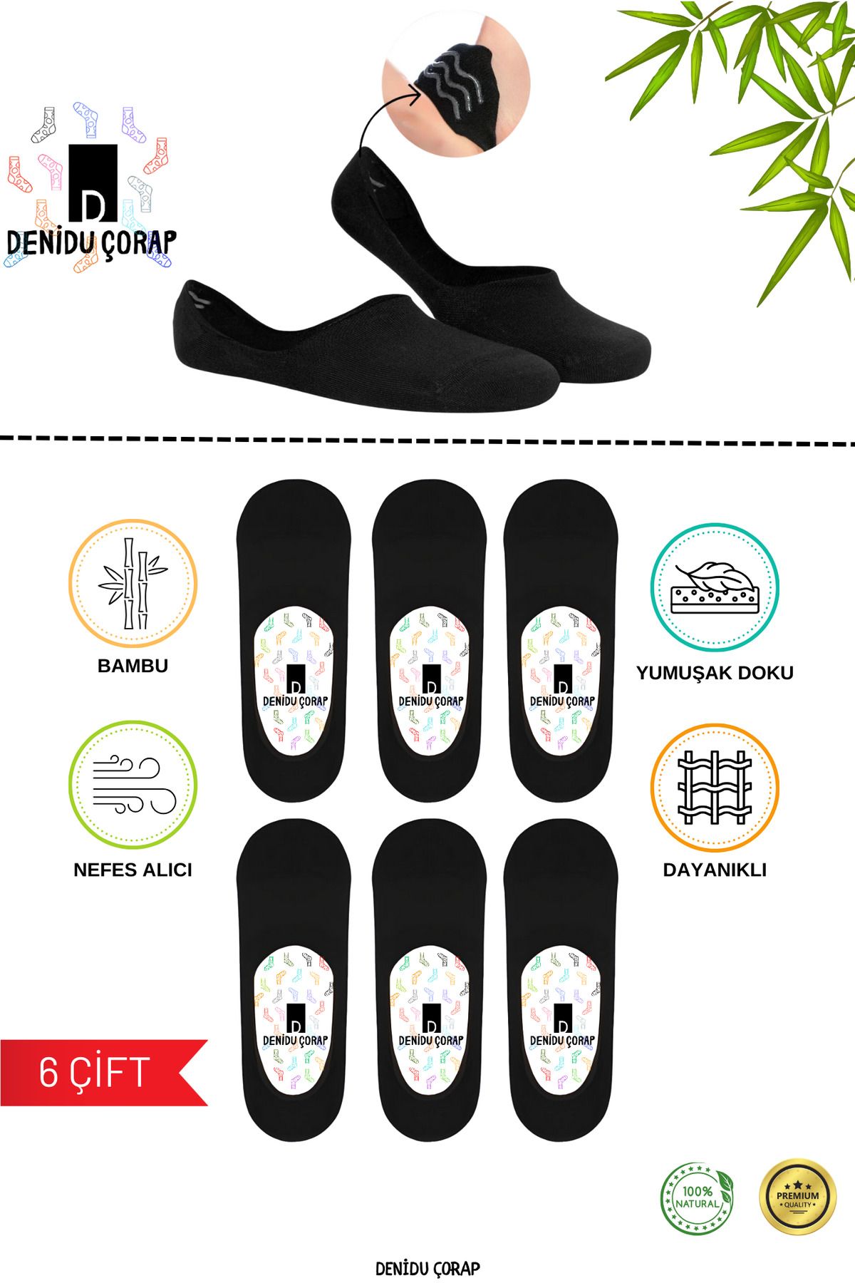 Denidu Çorap Bambu Babet Çorap Silikonlu 6 Çift (YIKAMALI,BURUNDİKİŞSİZ,FARFÜMLÜ,PREMİUM) Erkek,bayan