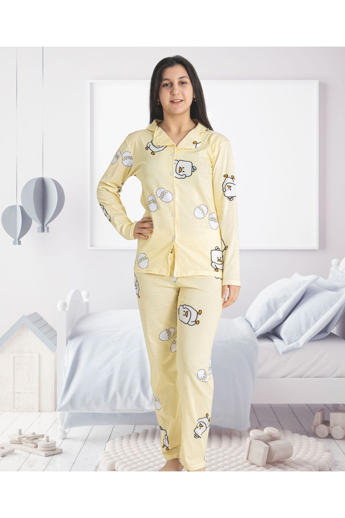 TAMPAP-Girl's Combed Cotton Buttoned Patterned Pajama Set 1