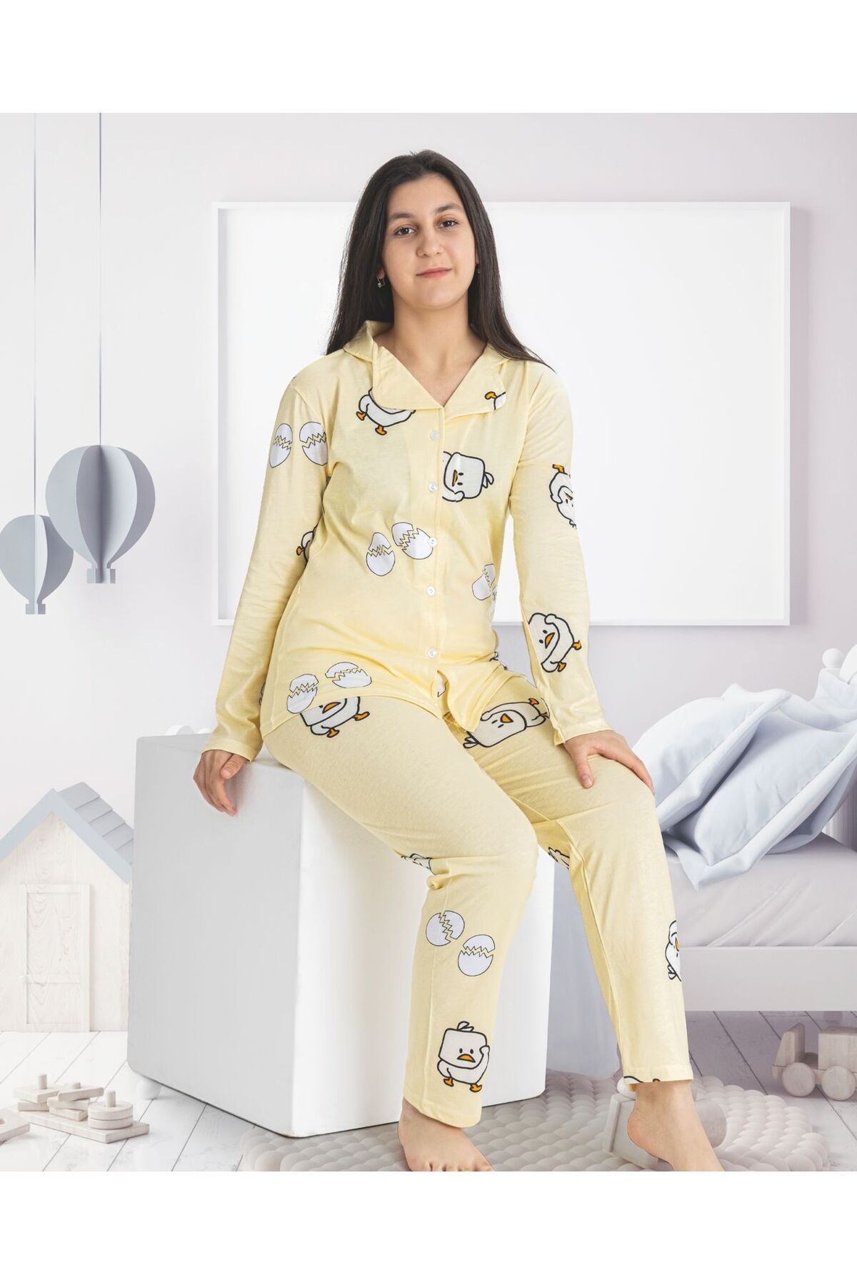 TAMPAP-Girl's Combed Cotton Buttoned Patterned Pajama Set 2