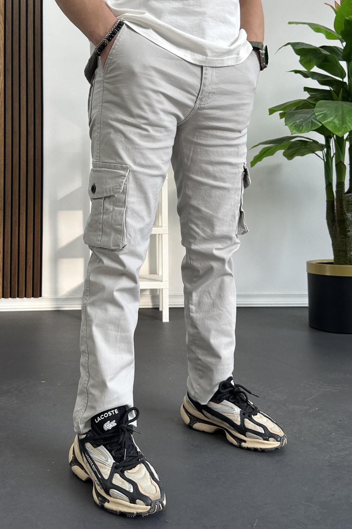 Edwox-Ανδρικό κανονικό παντελόνι Cargo Pocket Off White Edw232 4