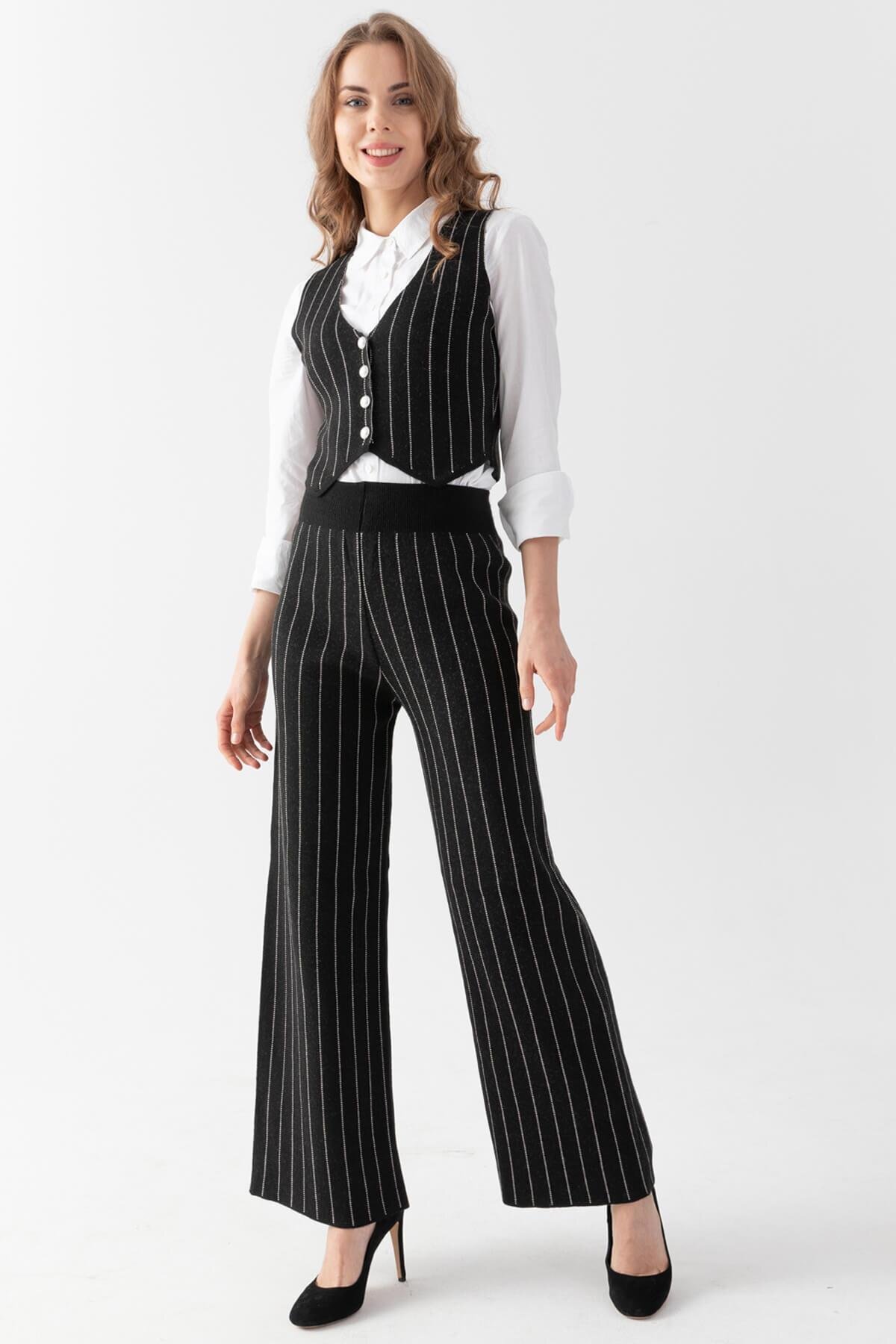 Women's Black Vest Pants Bottom Top Knitwear Set 12411