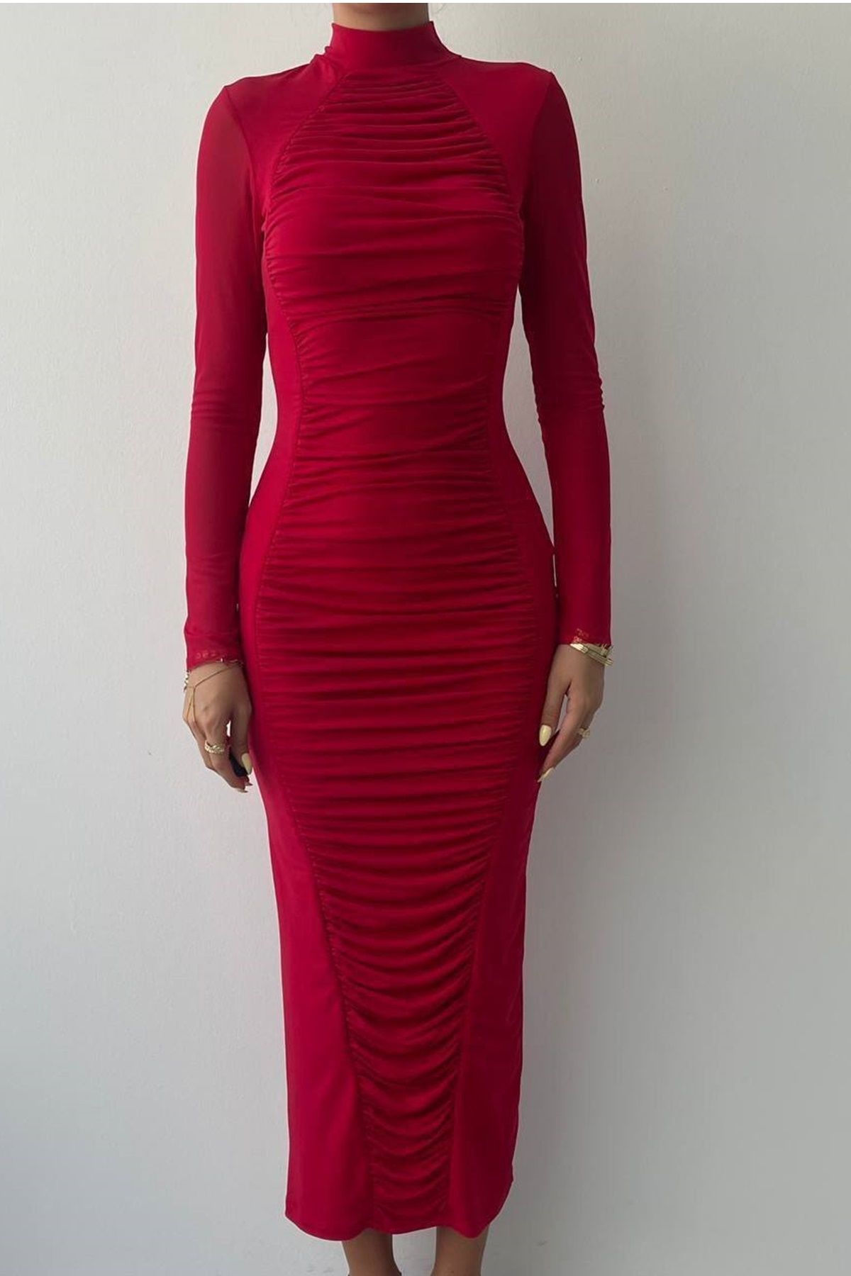 WOMAN VISION-Red Sandy Midi Evening Dress - Stand Collar and Gathered Sleeves Tulle Detail Dress 318 2