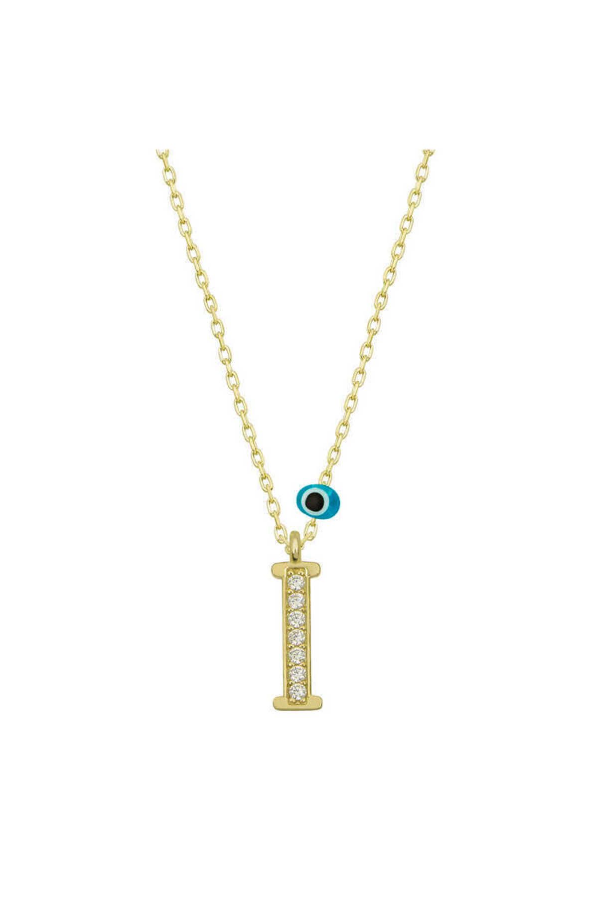 musellife 925 Ayar Gümüş Nazar Gold I Harfi Kadın Gümüş Kolye (T6784) (491491)
