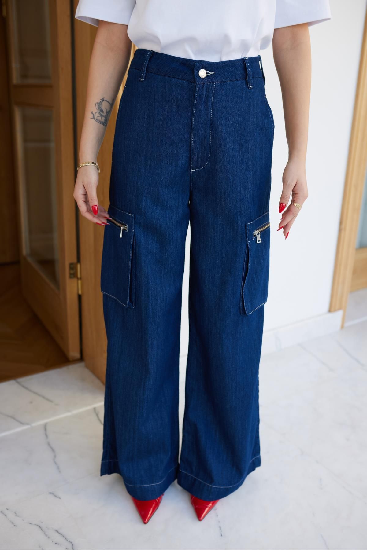 Askı Tekstil Lacivert Kargo Cepli Bol Paça Jean Pantolon