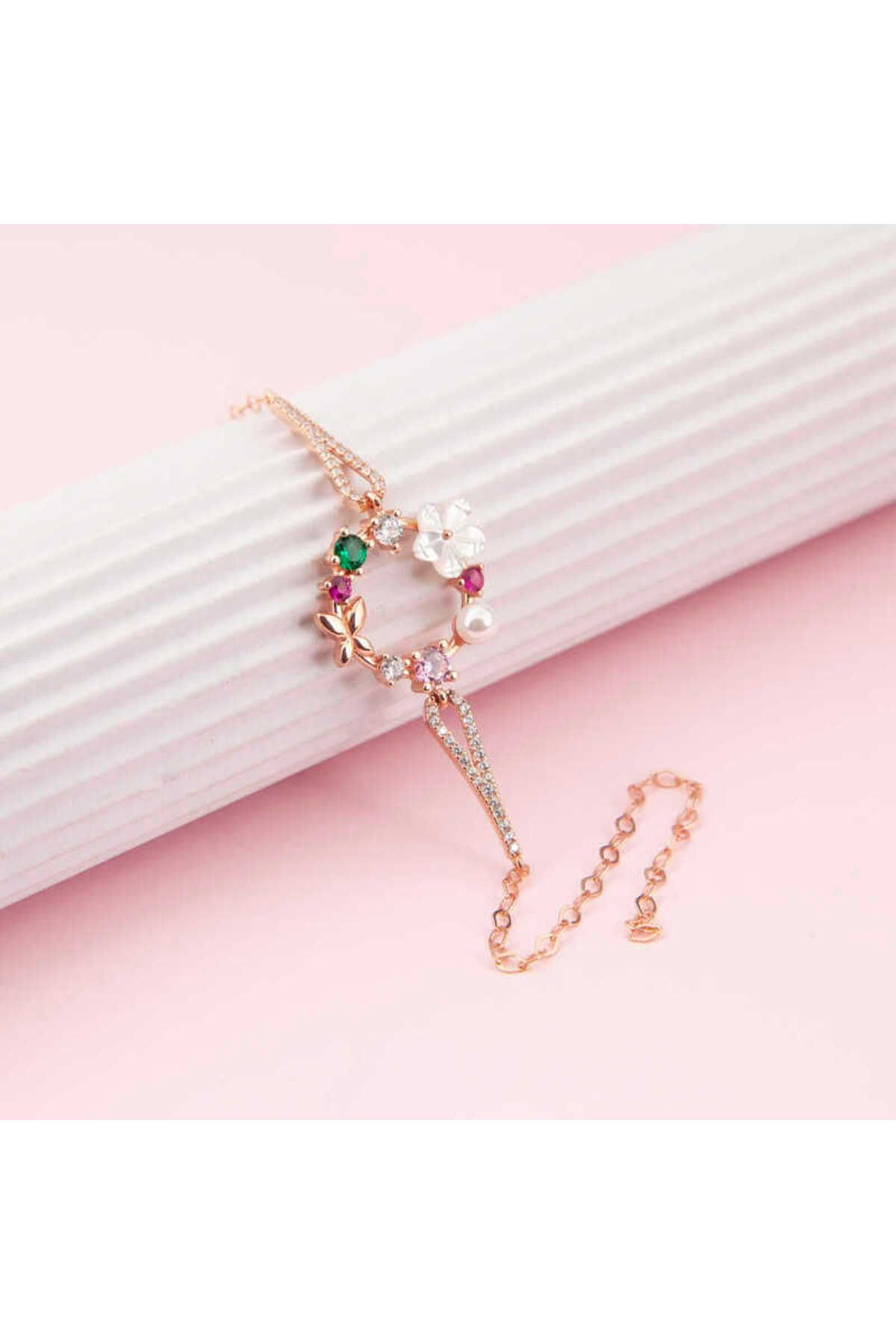 BAZAARİO 925 Ayar Gümüş Rose Renkli Manolya Çiçeği Kadın Bileklik