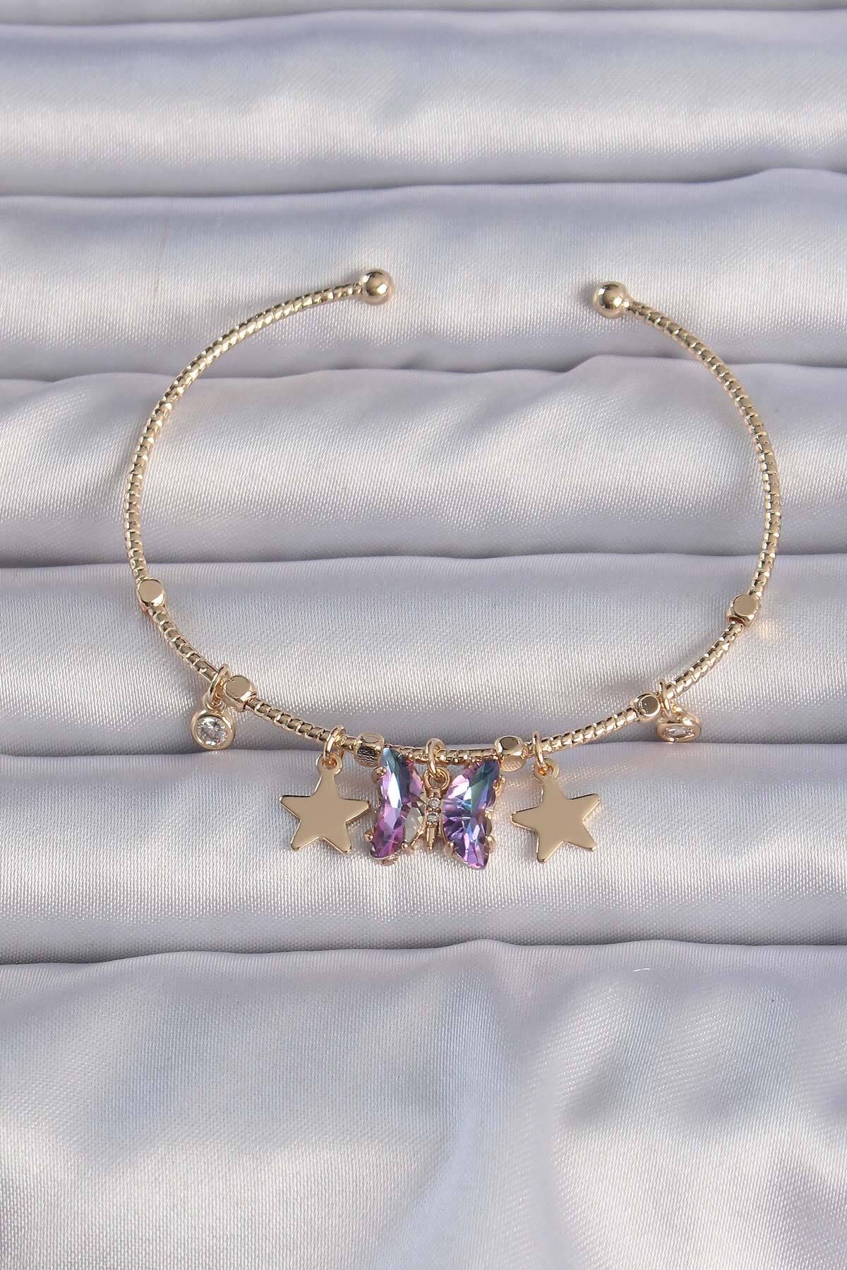 MMB Boutique Pirinç Altın Renk Zirkon Taşlı Renkli Kelebek Model Yıldız Figürlü Charm Bileklik