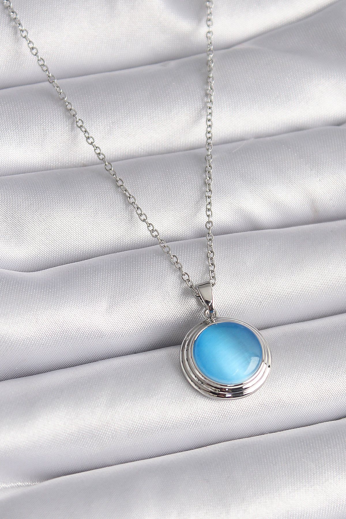 Clariss-Ucz 316L Steel Silver Color Blue Pearlescent Circle Model Women's Necklace 1