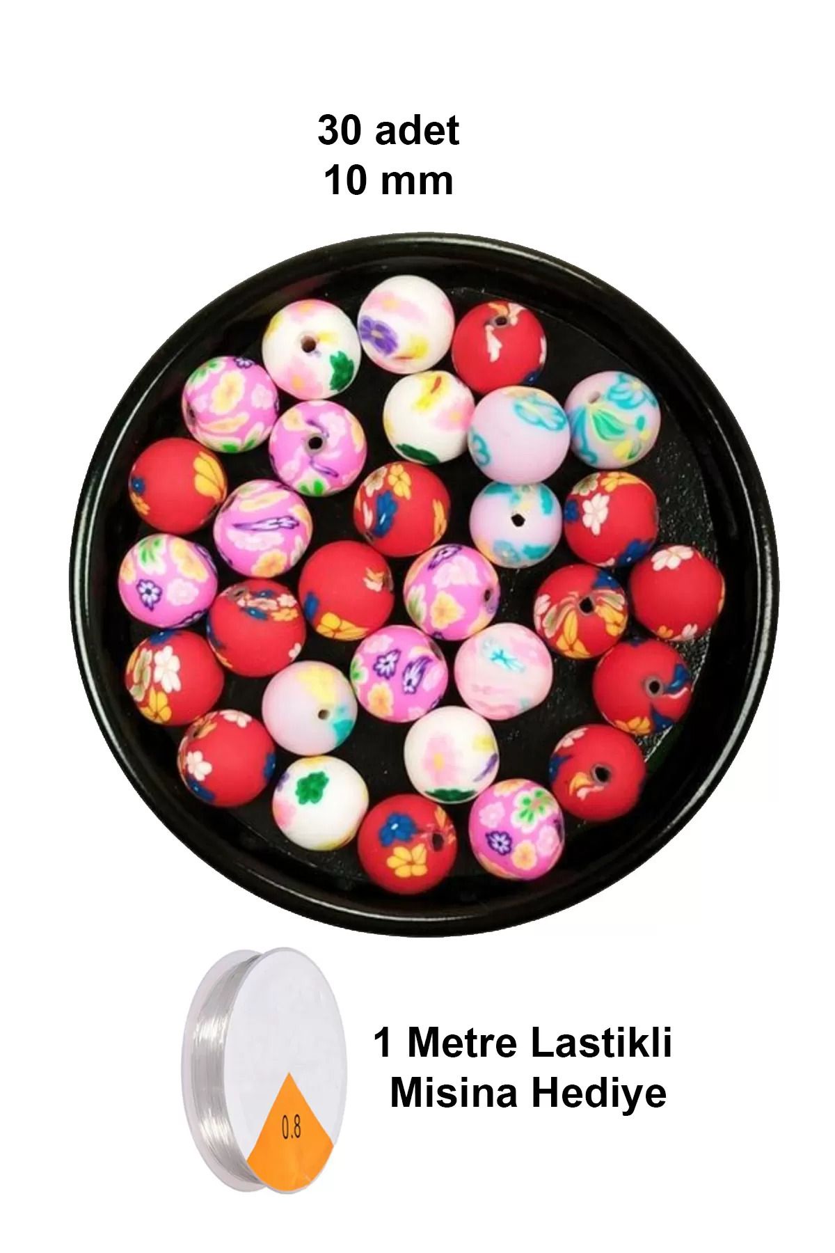 Kapamarka 30 Adet 10 mm Polimer Kil Fimo Boncuk Takı Bileklik + 1 Metre Lastikli Misina Hediye - Desenli Yuva