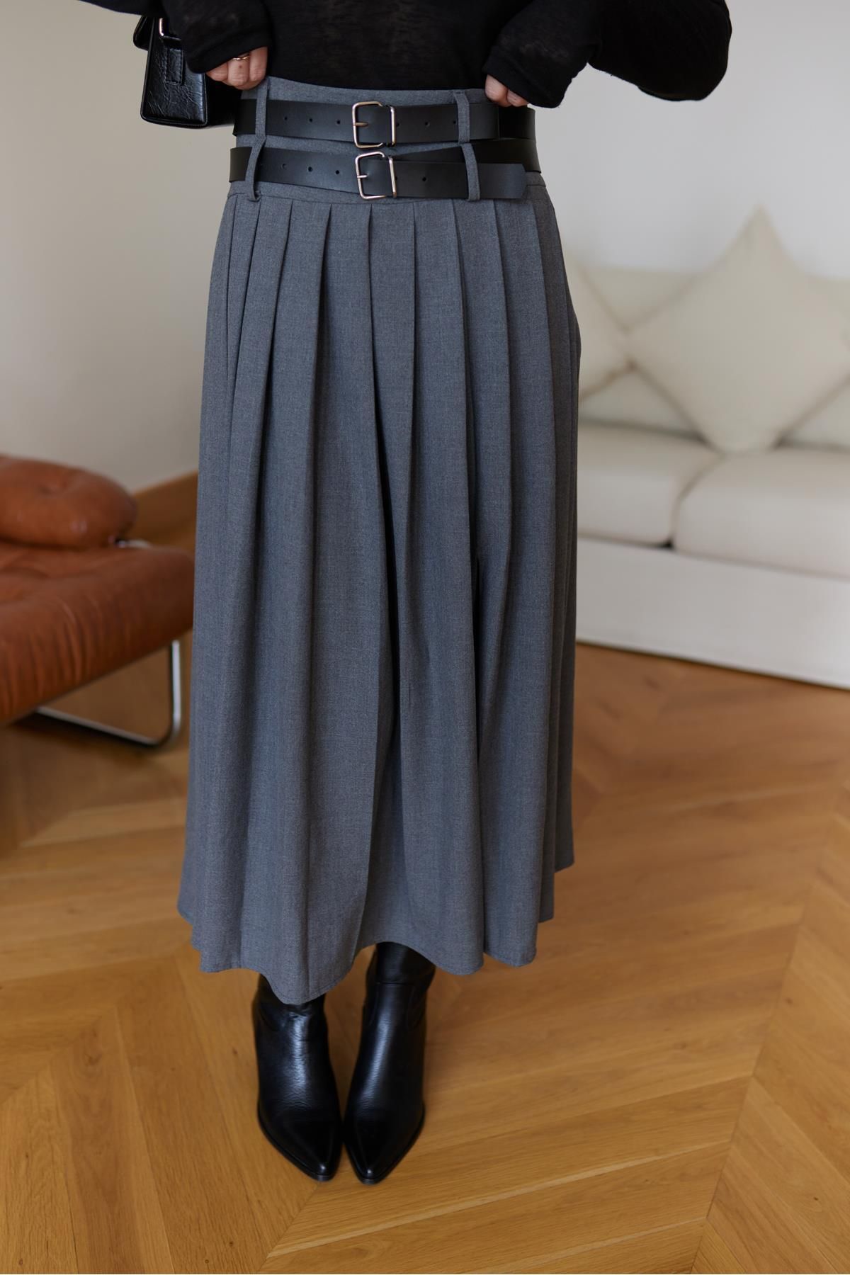 Askı Nişantaşı-Gray Double Belted Pleated Skirt 1