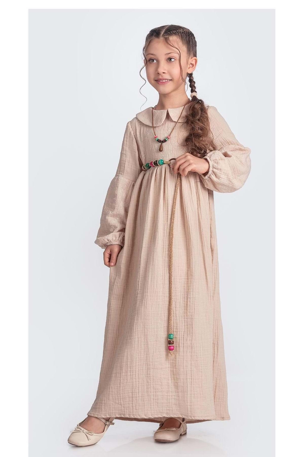 Mnk Baby&Kids Müslin Kumaş Kız Çocuk Uzun Kol Tesettür Elbise M00705 PUDRA