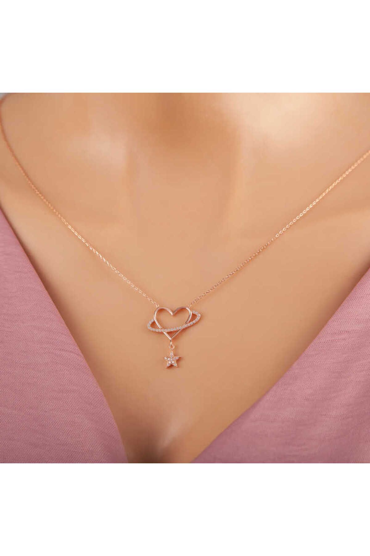 BAZAARİO 925 Ayar Gümüş Rose Kalp Yıldız Kadın Kolye