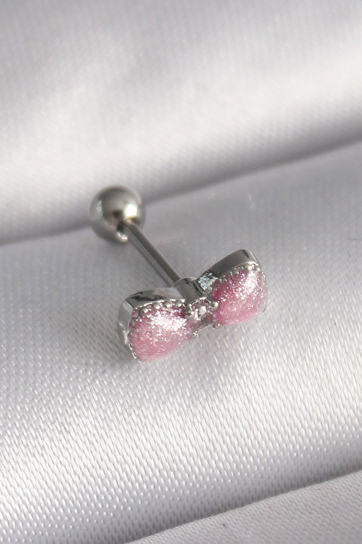 Maristas Çelik Gümüş Renk Pembe Kurdele Zirkon Taş Detay Tragus Piercing
