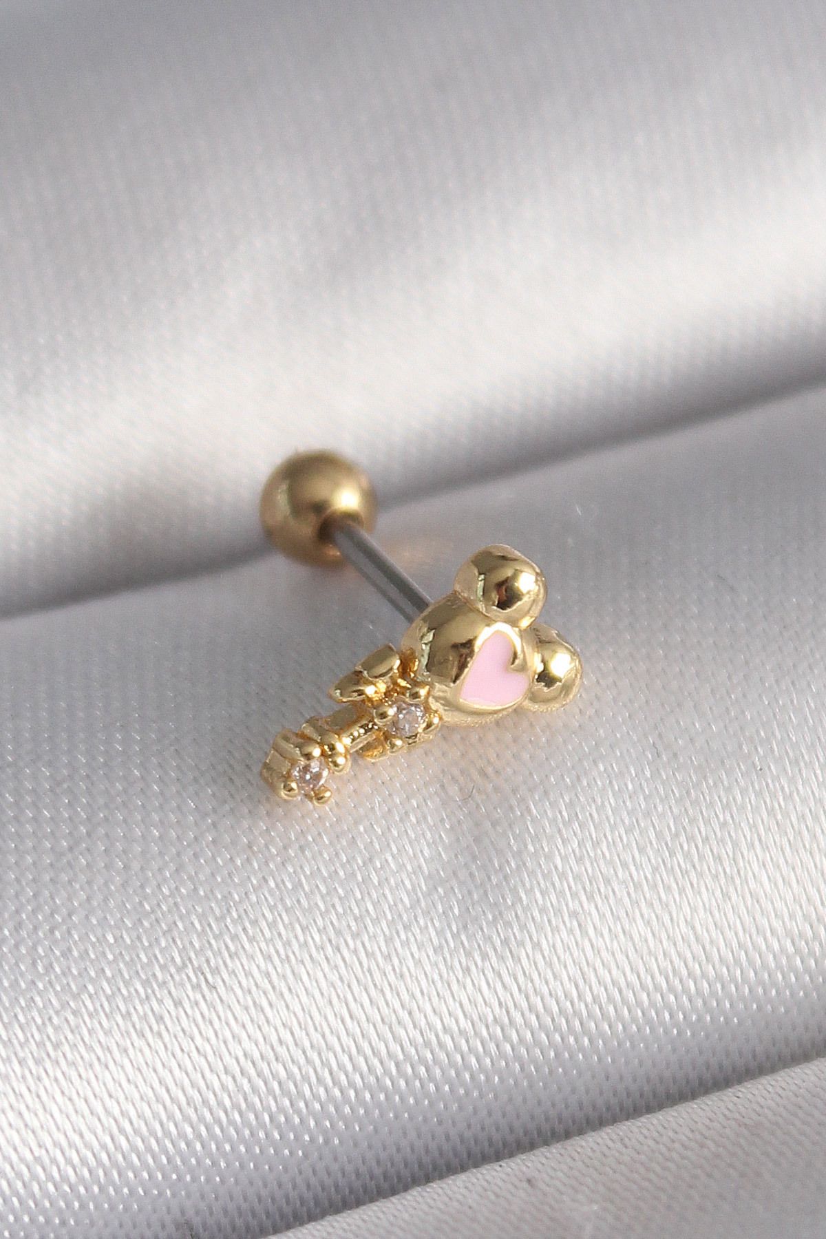 MAYAS 316L Çelik Gold Renk Zirkon Taş Detay Pembe Kalp İşleme Tragus Piercing