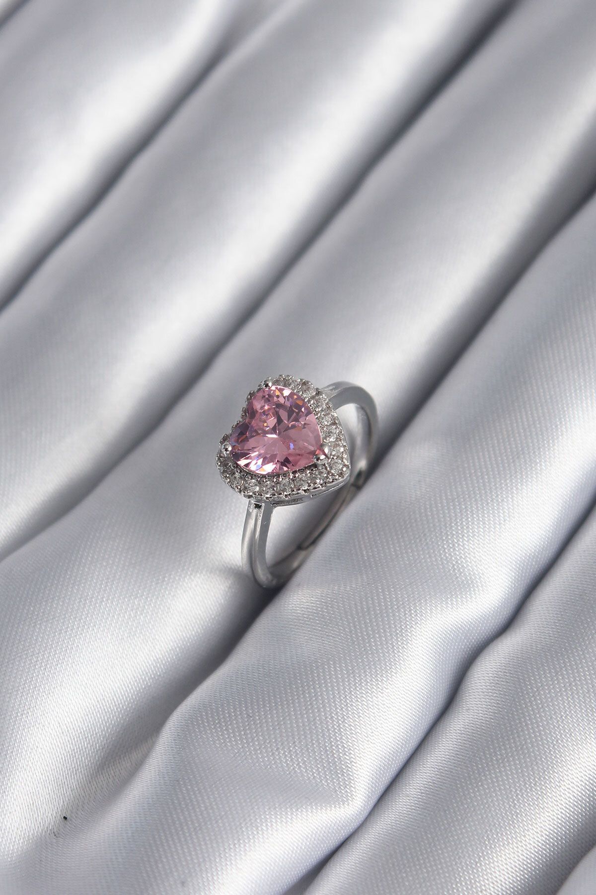 MAYAS Pirinç Gümüş Renk Pembe Zirkon Taş Kalp Charm Model Kadın Yüzük