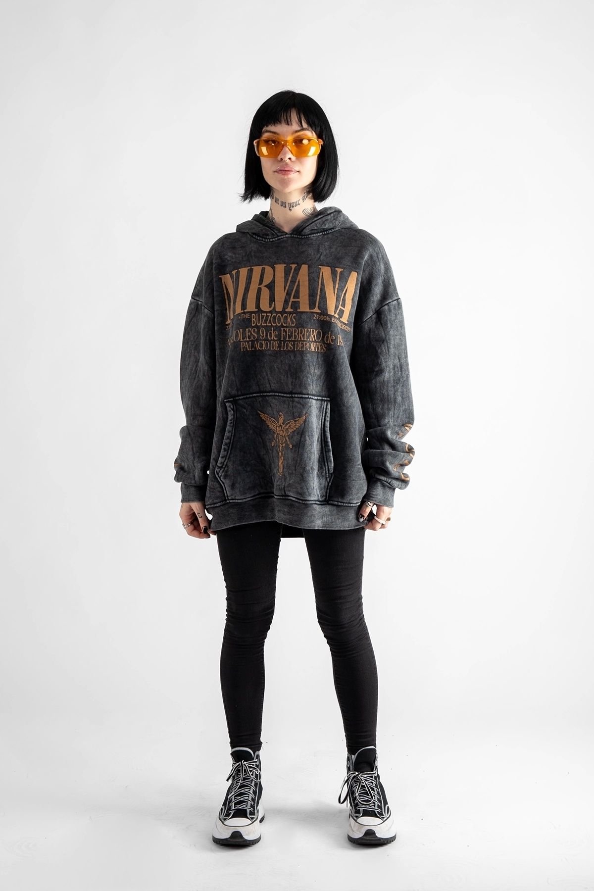 Sekizbiraltı-Hanorac supradimensionat unisex cu imprimeu spate Nirvana negru lavabil 5