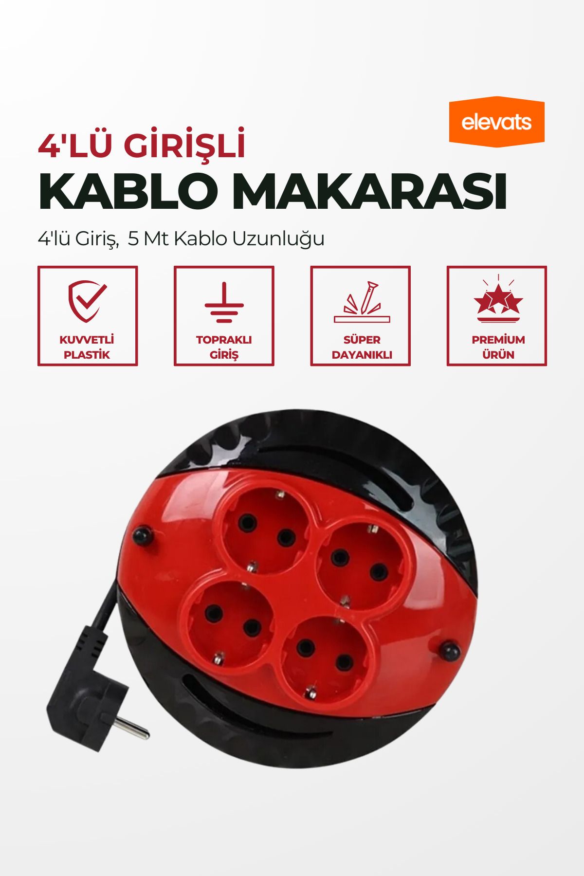 Elevats Premium Makaralı Uzatma Kablo 4 Lü 5 Metre 3x1mm 3000 Watt