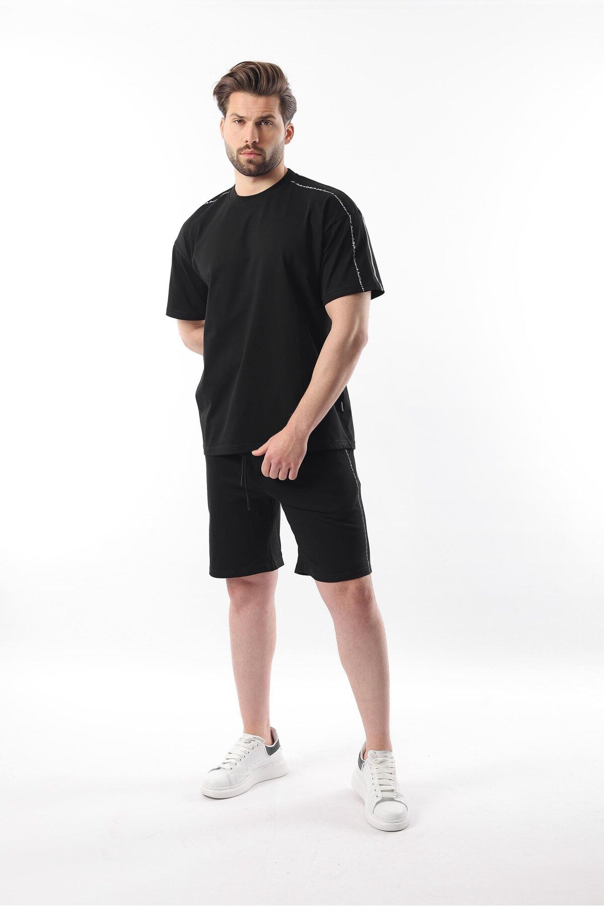 Madmext Schwarzes Overfit Bedrucktes Shorts-t-shirt-set für Herren - XL