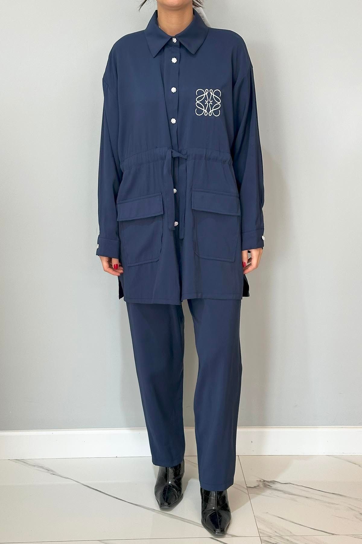 REMSA-Navy Blue Shirt and Trousers Set - Button Detail 8072 4